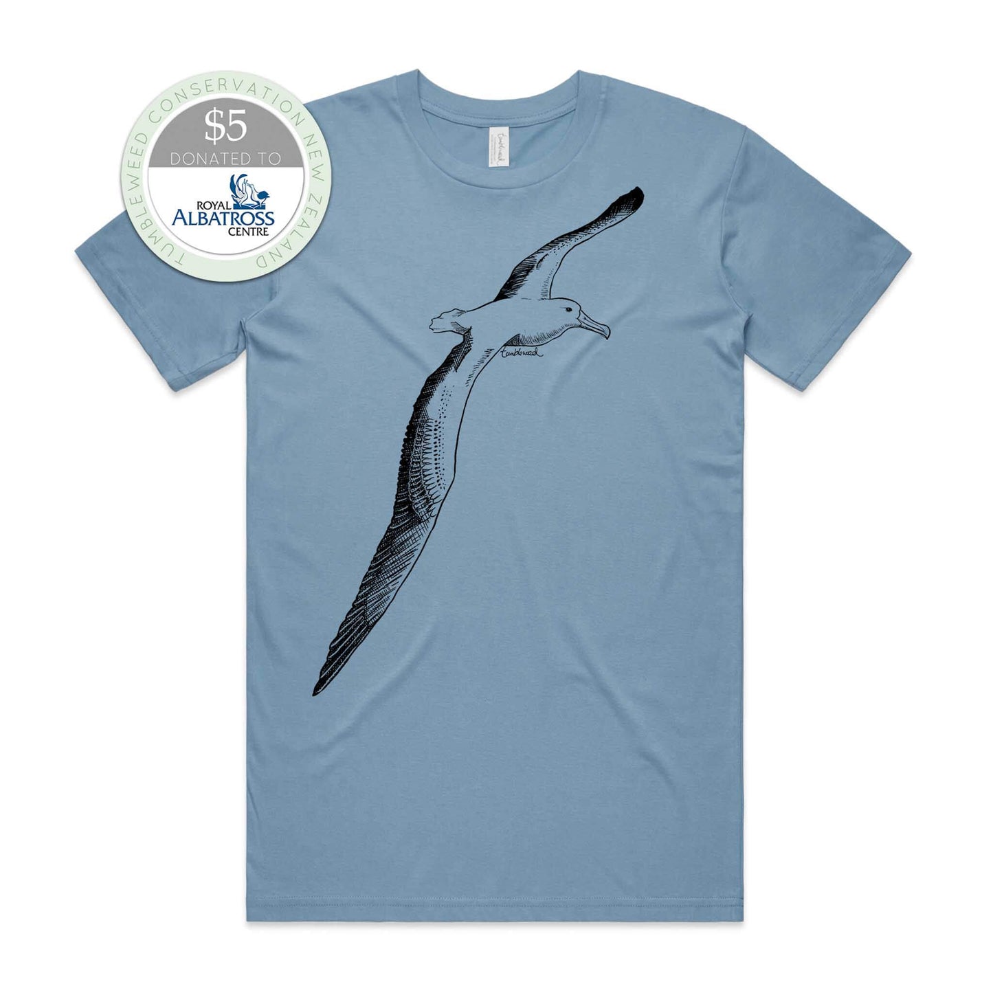 White, male t-shirt featuring a screen printed albatross design.