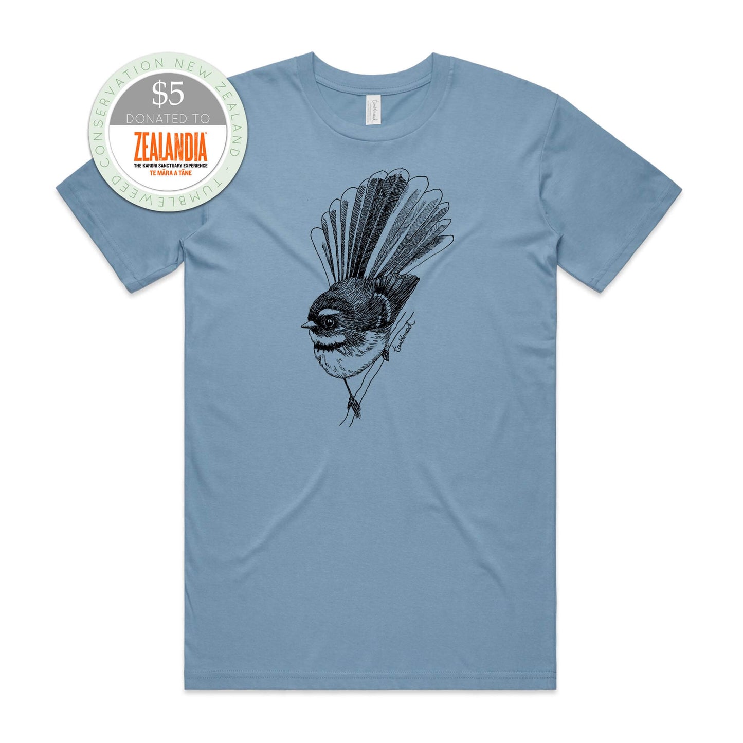 Mustard, female t-shirt featuring a screen printed black Fantail/Pīwakawaka design.
