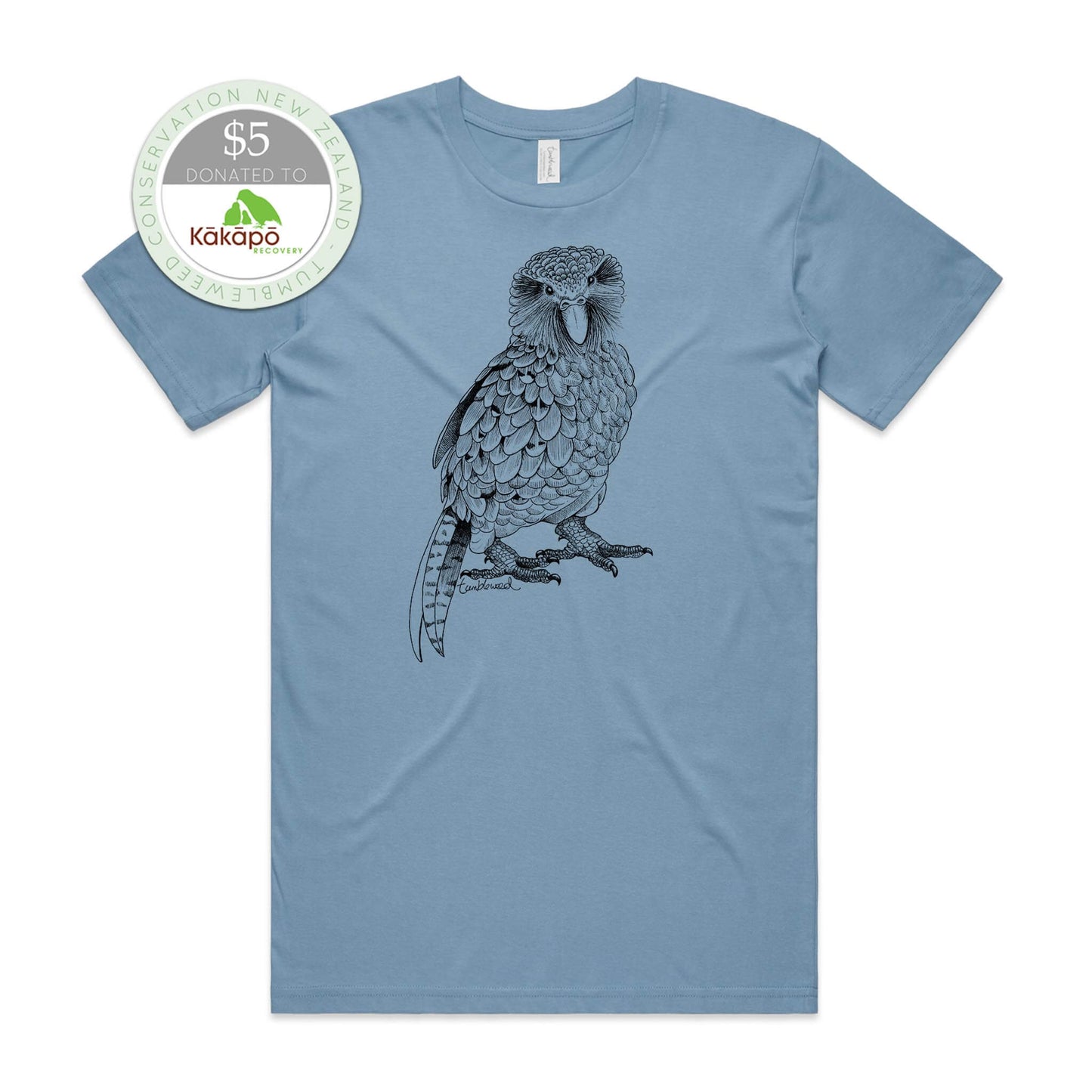 Mustard, female t-shirt featuring a screen printed black Kākāpō design.