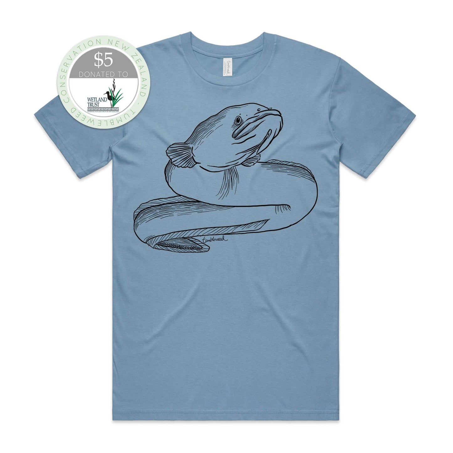 Mustard, female t-shirt featuring a screen printed Longfin Eel/Tuna design.