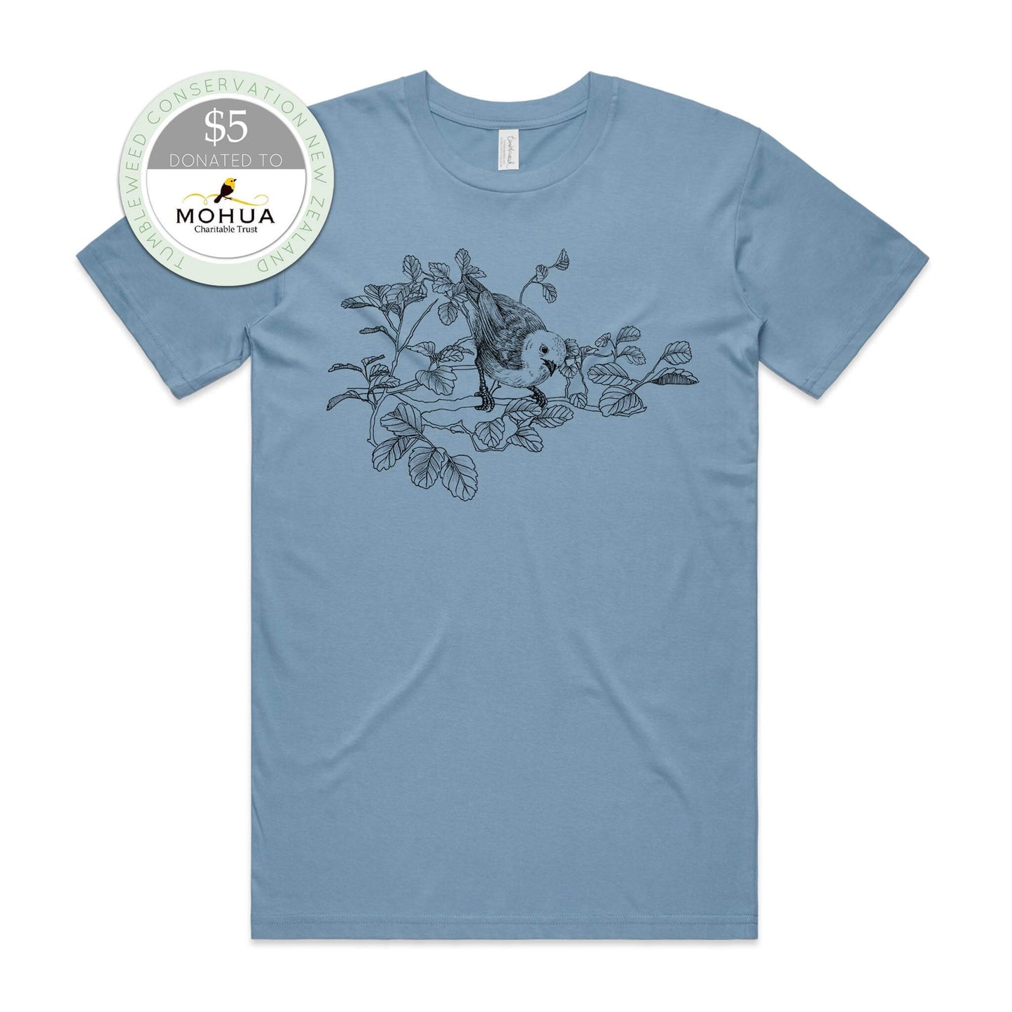 Sage, female t-shirt featuring a screen printed Mōhua/Yellowhead design.