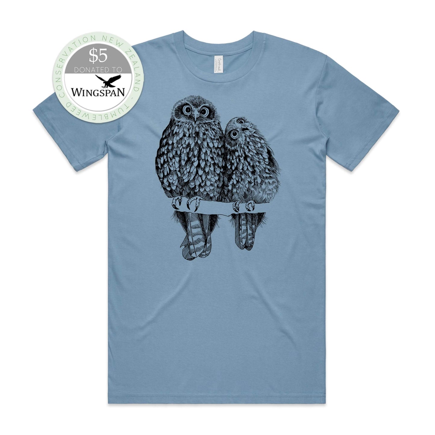 Sage, female t-shirt featuring a screen printed Morepork/Ruru design.