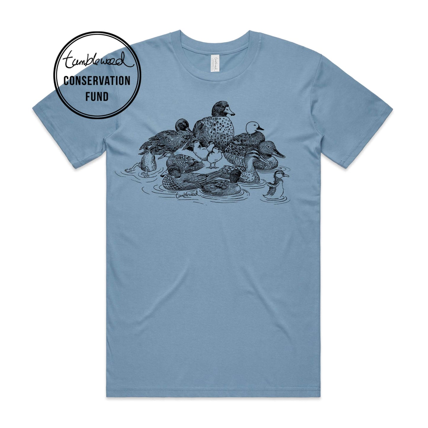 Sage, female t-shirt featuring a screen printed NZ Ducks design.