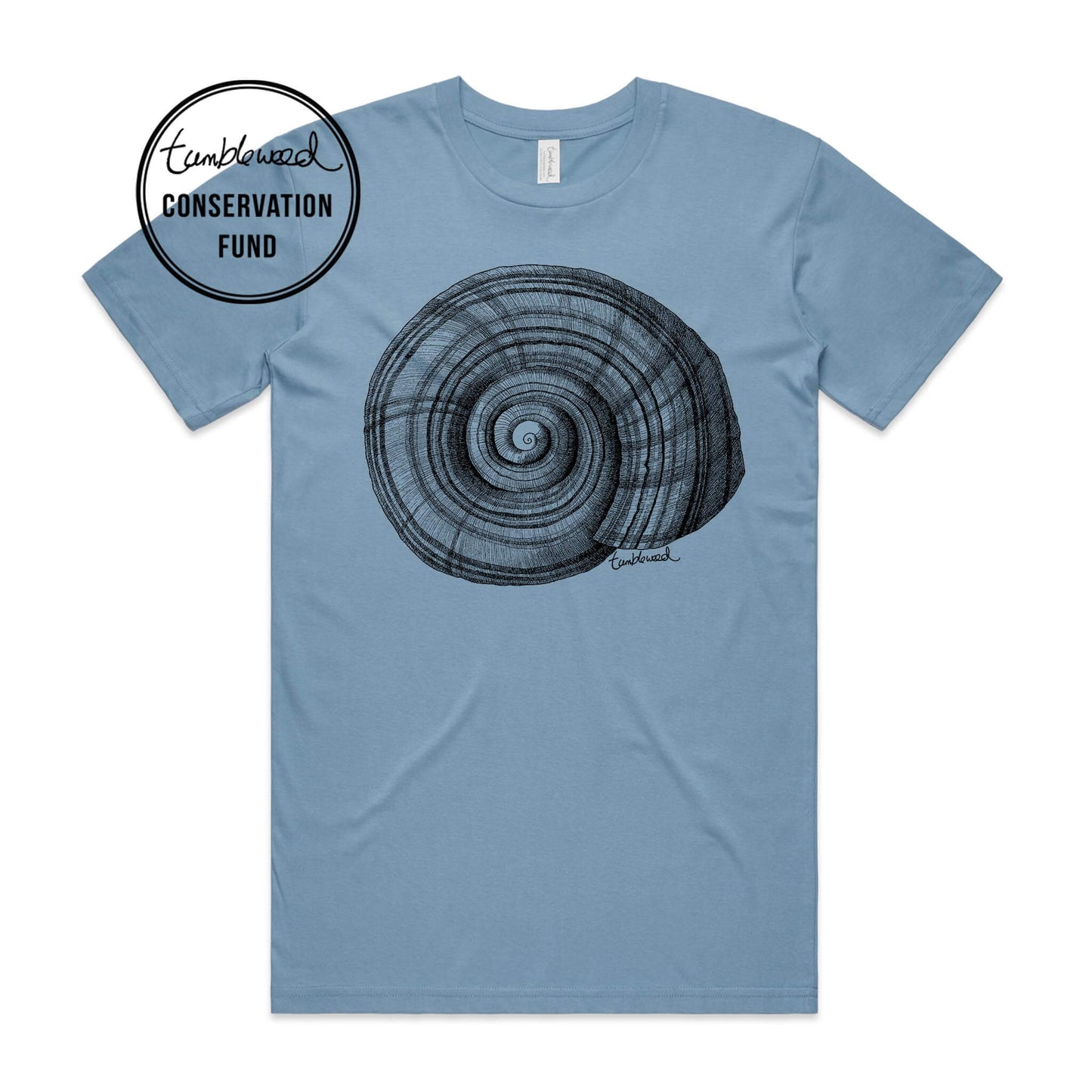 Sage, female t-shirt featuring a screen printed NZ Snail design.
