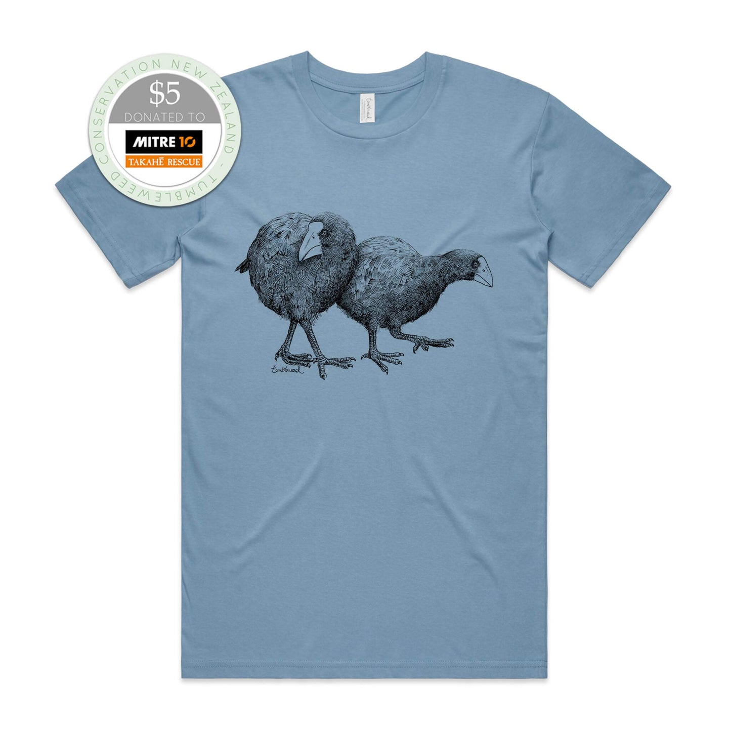 Sage, female t-shirt featuring a screen printed Takahē design.