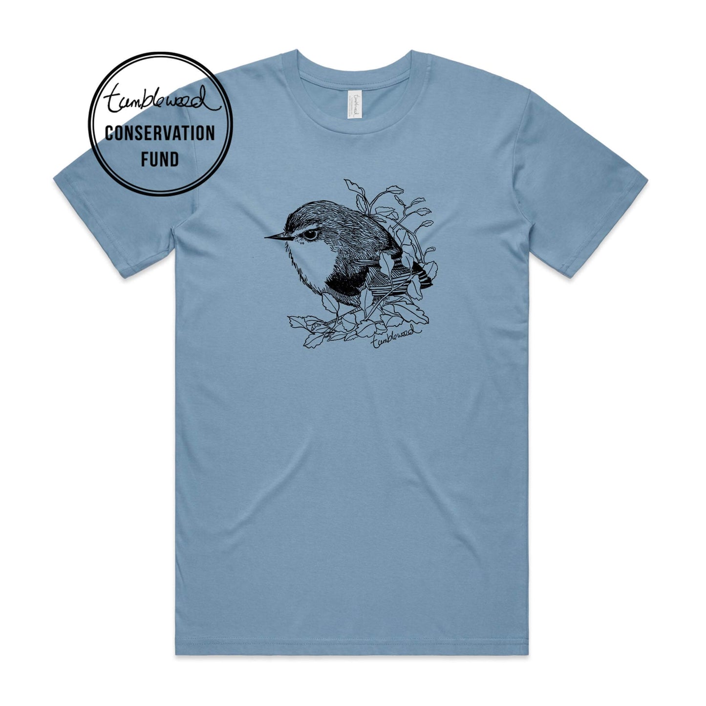 Mustard, male t-shirt featuring a screen printed titipounamu/rifleman design.
