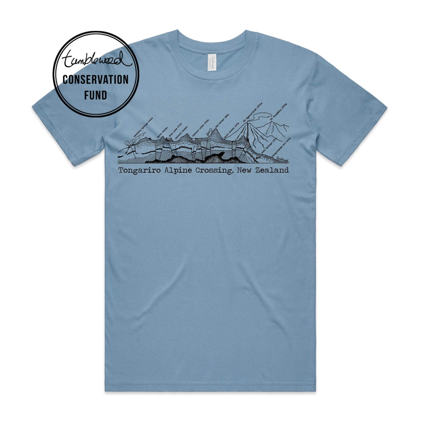 Sage, female t-shirt featuring a screen printed Tongariro Crossing design.