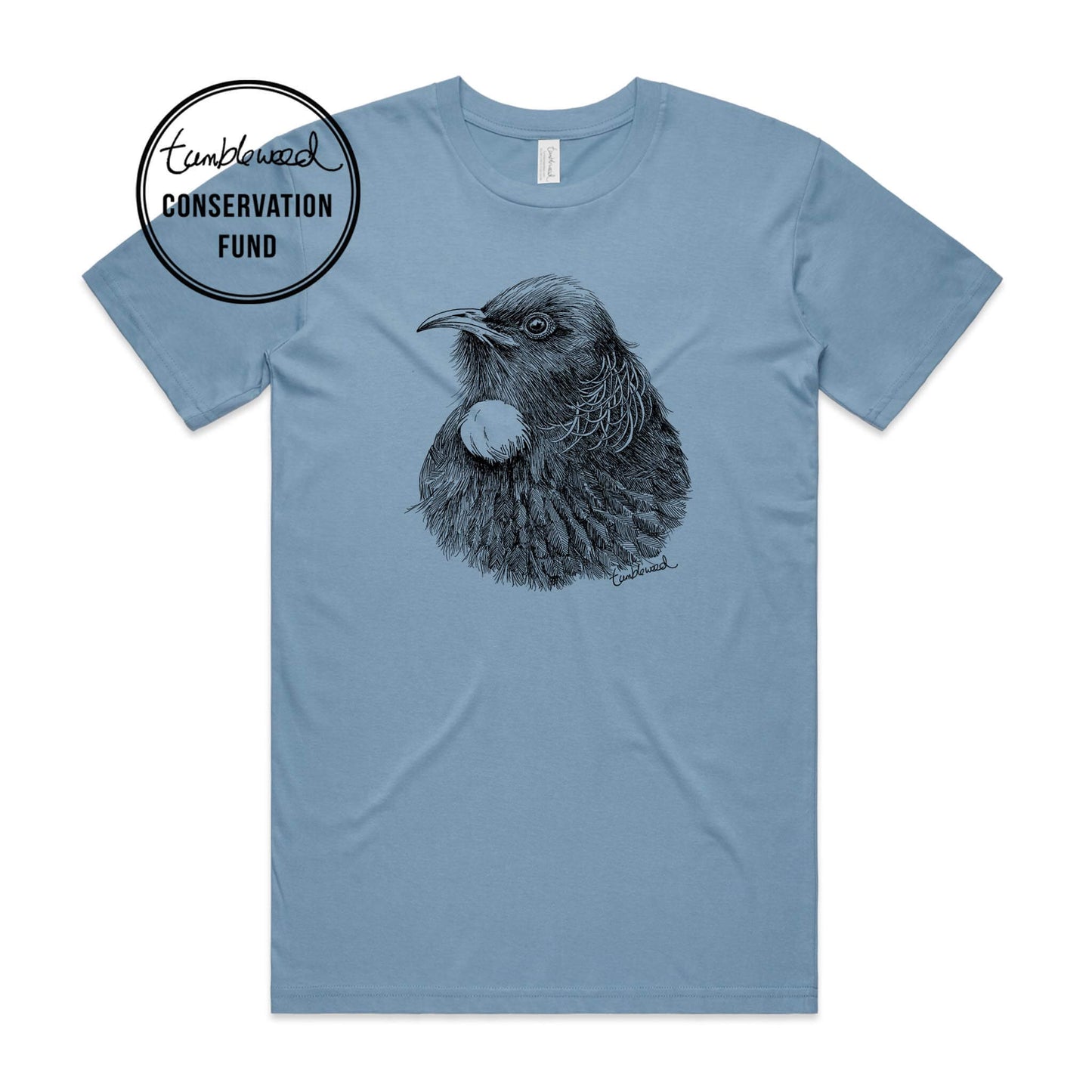 Sage, female t-shirt featuring a screen printed Tui design.