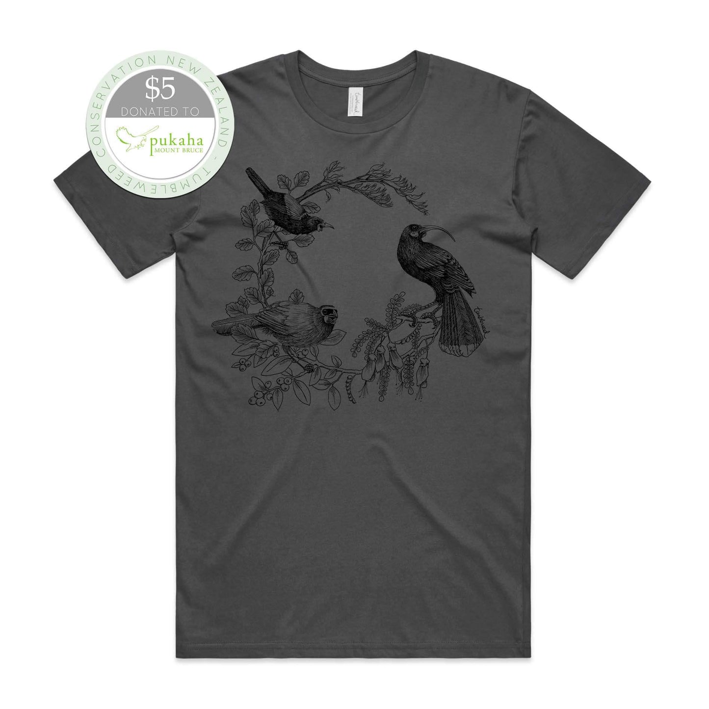 White, female t-shirt featuring a screen printed Kōkako huia saddleback/tīeke design.