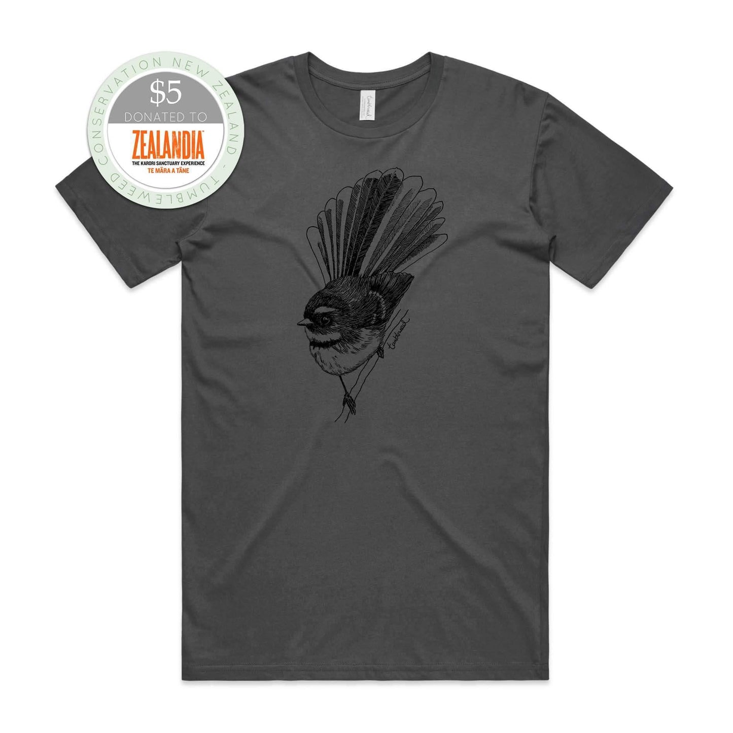 White, female t-shirt featuring a screen printed Fantail/Pīwakawaka design.