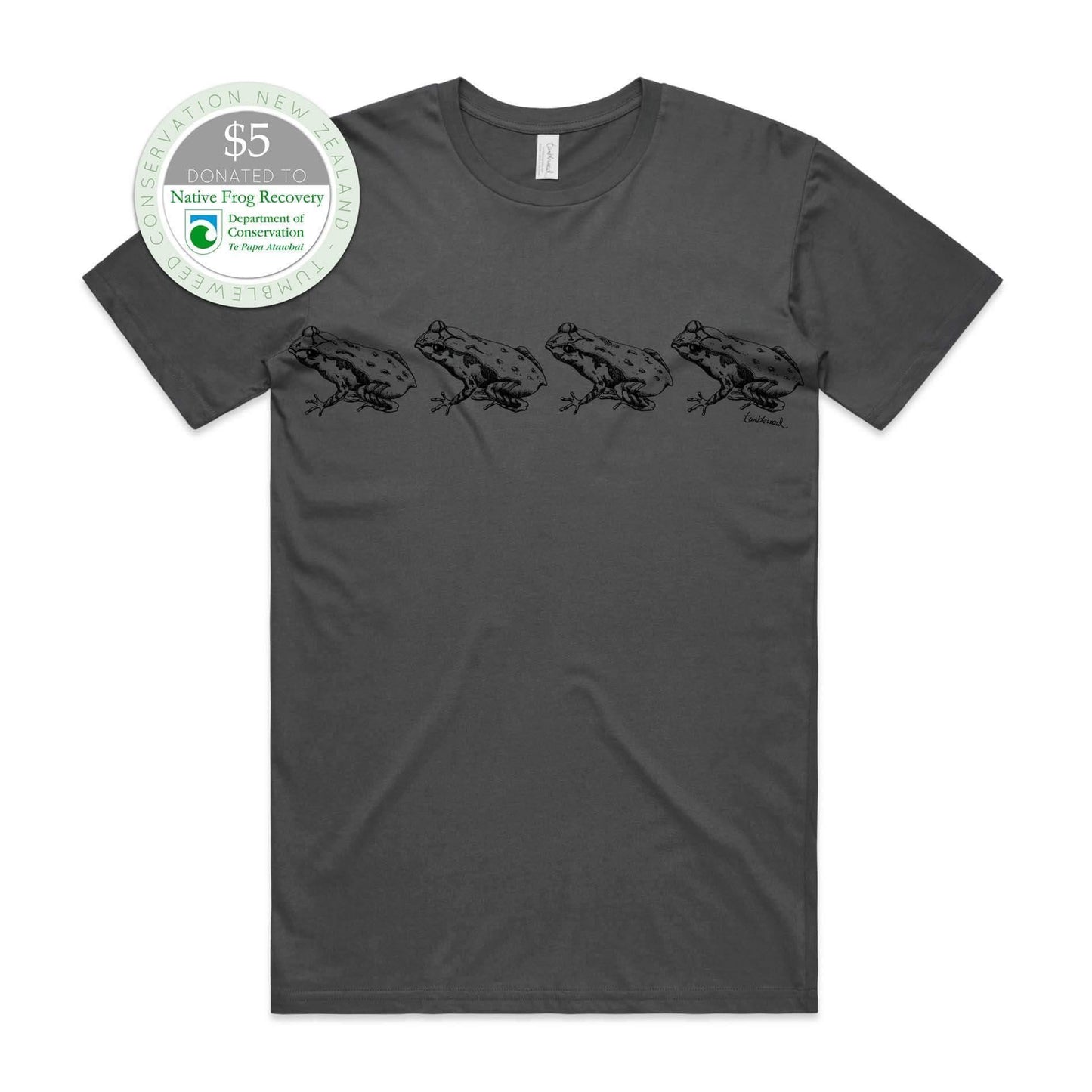 White, female t-shirt featuring a screen printed archey's frog design.