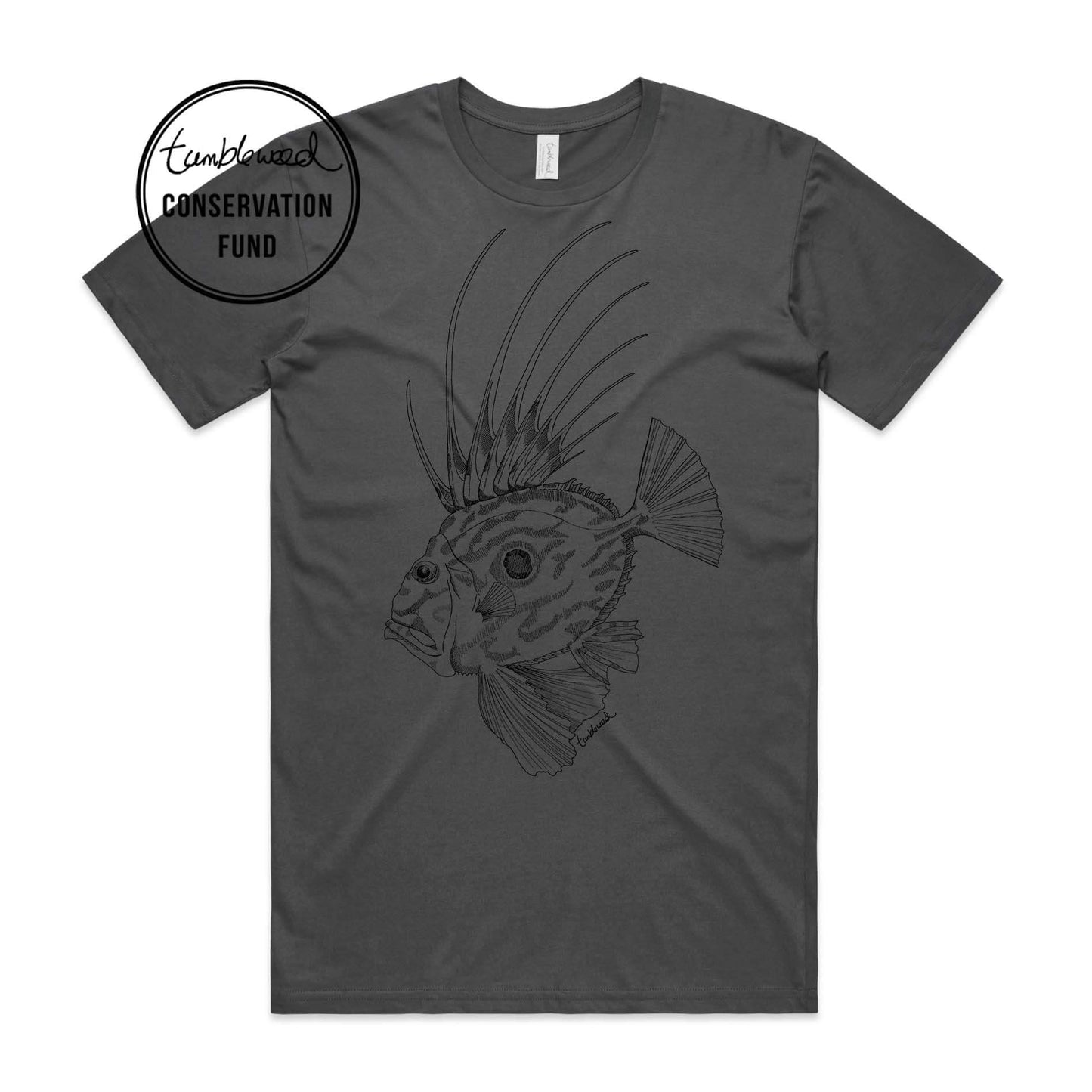 Charcoal, female t-shirt featuring a screen printed john dory design.