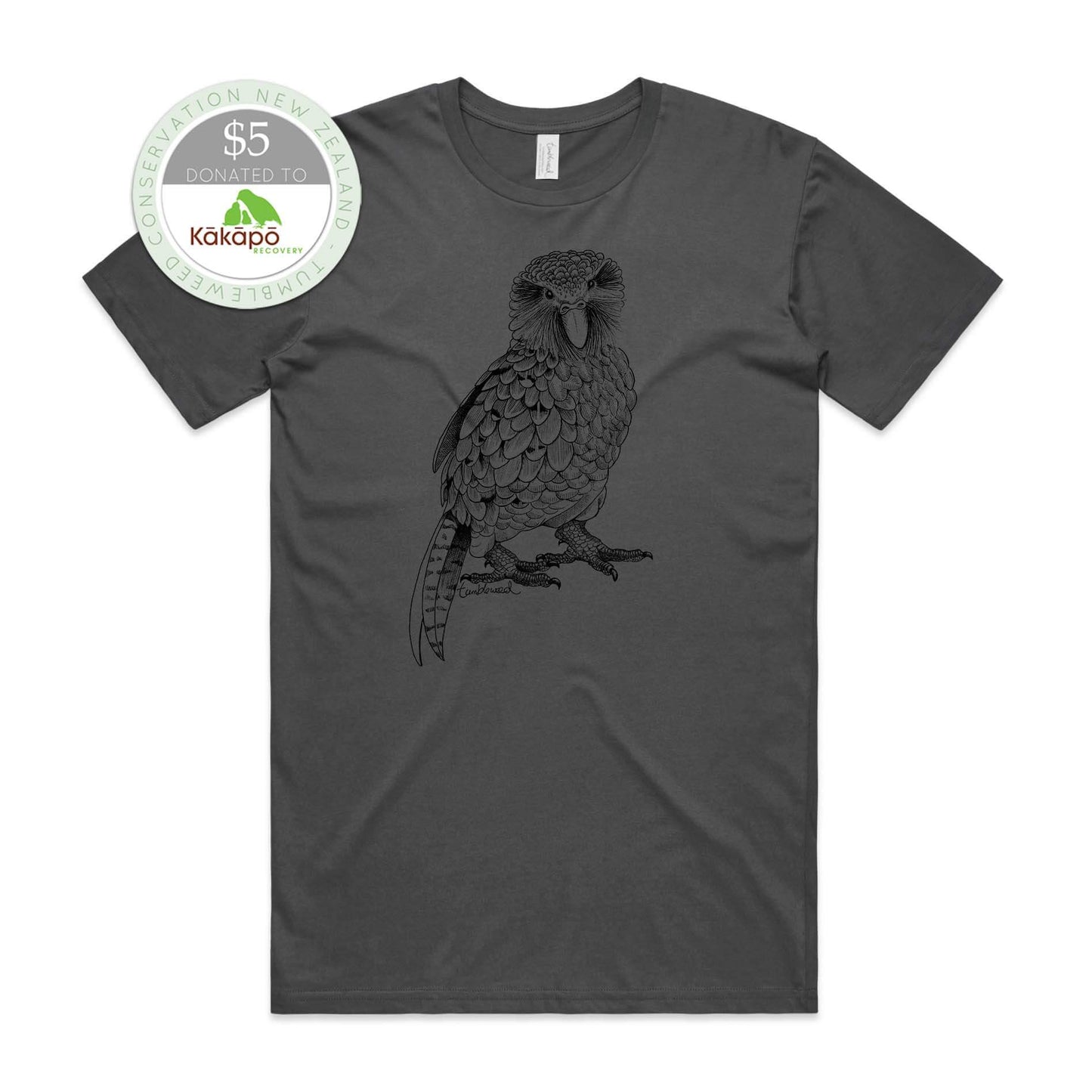 White, female t-shirt featuring a screen printed Kākāpō design.