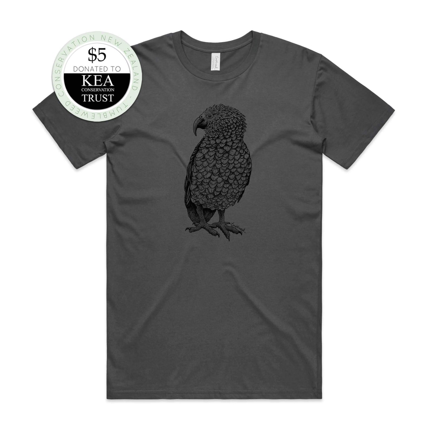 White, female t-shirt featuring a screen printed kea design.