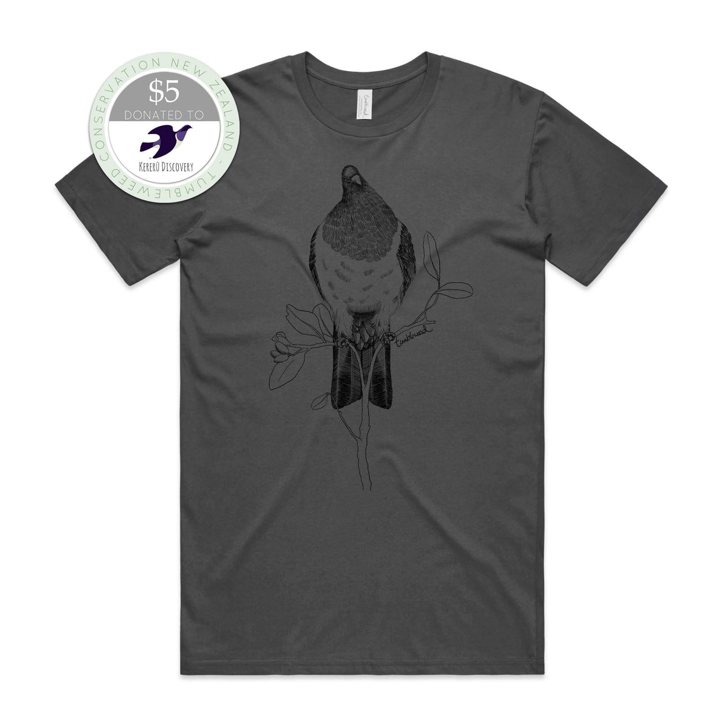 Charcoal, female t-shirt featuring a screen printed kereru design.