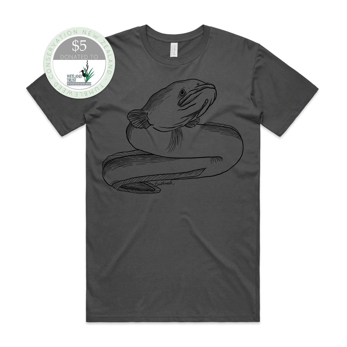 White, female t-shirt featuring a screen printed Longfin Eel/Tuna design.