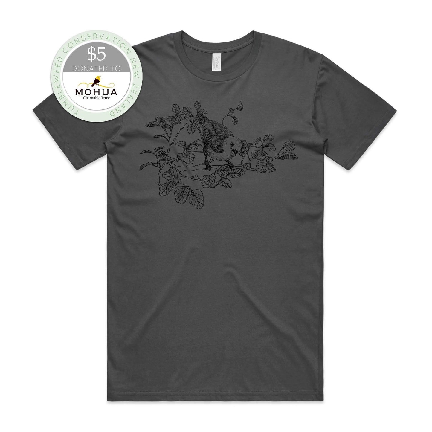 White, female t-shirt featuring a screen printed Mōhua/Yellowhead design.