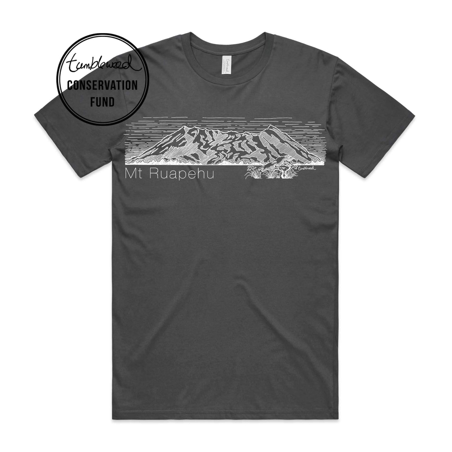 White, female t-shirt featuring a screen printed Mt Ruapehu design.