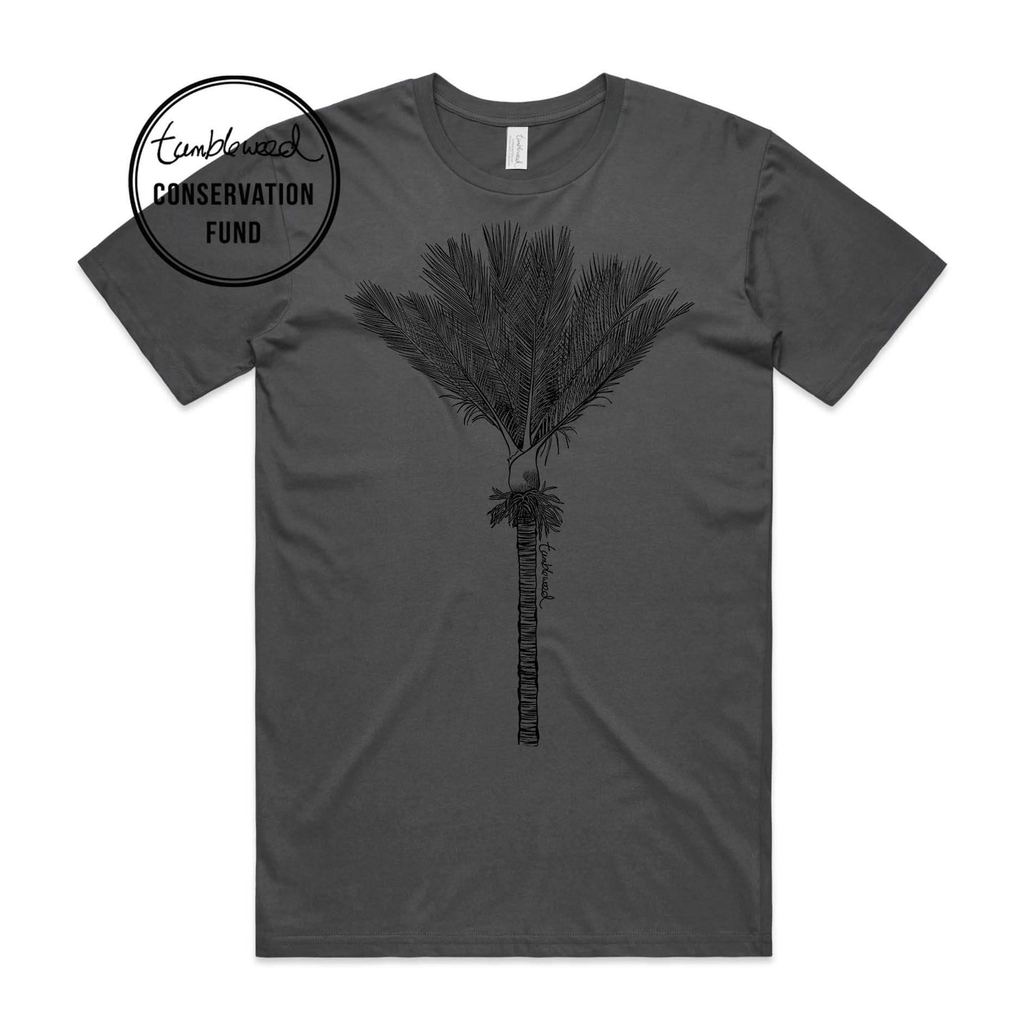 White, female t-shirt featuring a screen printed Nīkau design.