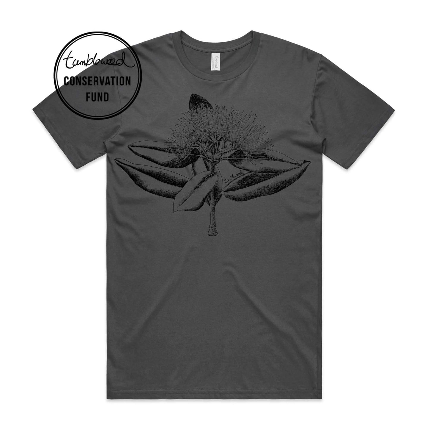 Charcoal, female t-shirt featuring a screen printed Pōhutukawa design.