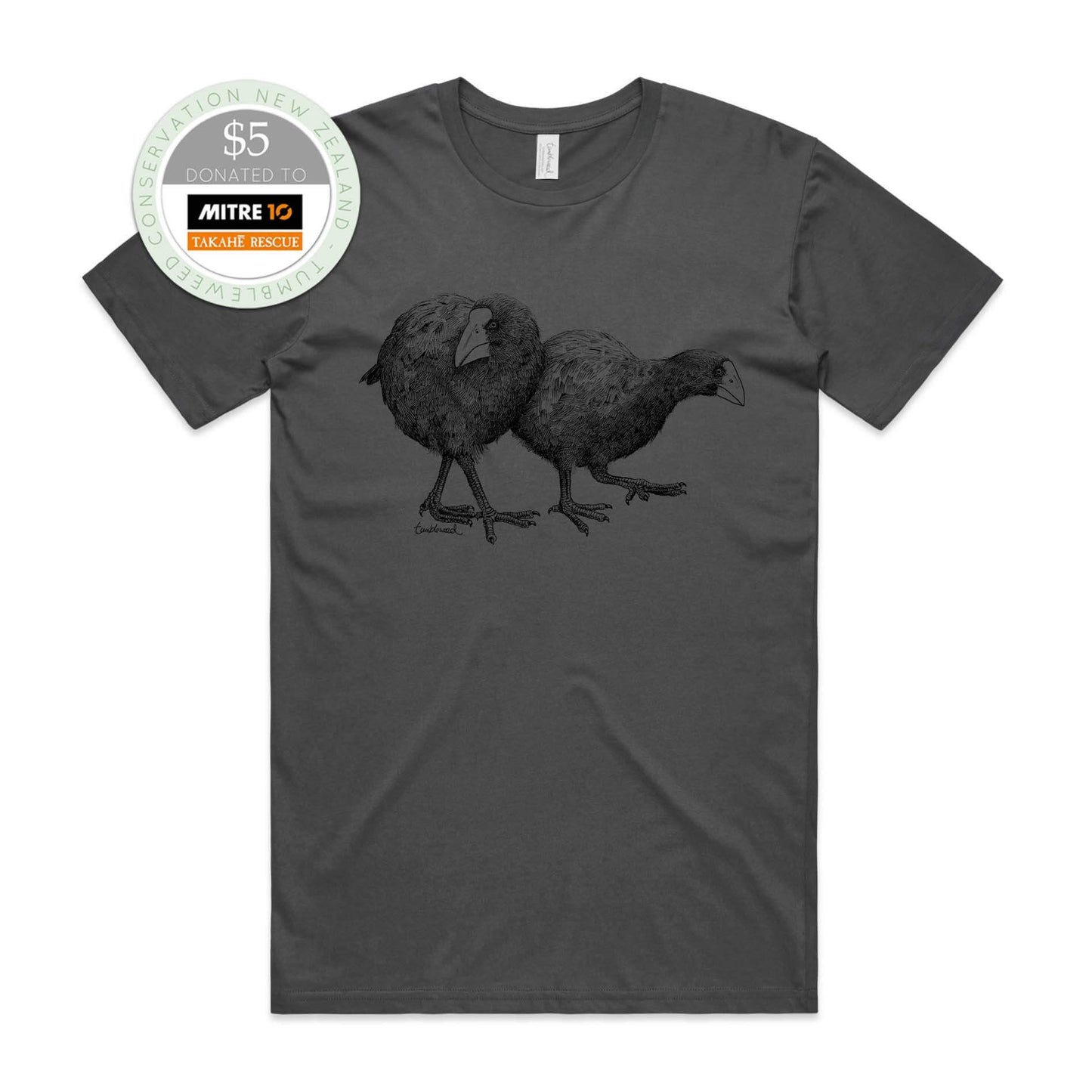 White, female t-shirt featuring a screen printed Takahē design.
