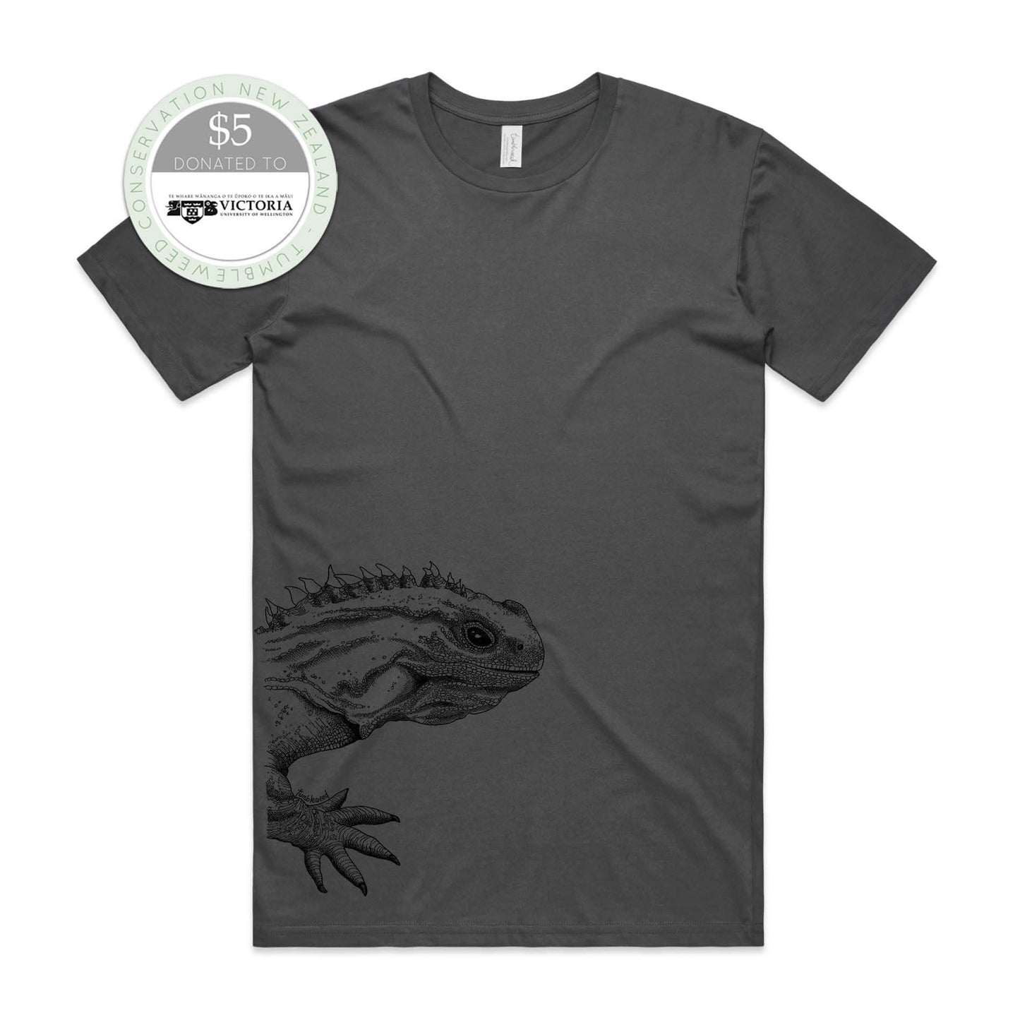 Charcoal, female t-shirt featuring a screen printed Tuatara design.