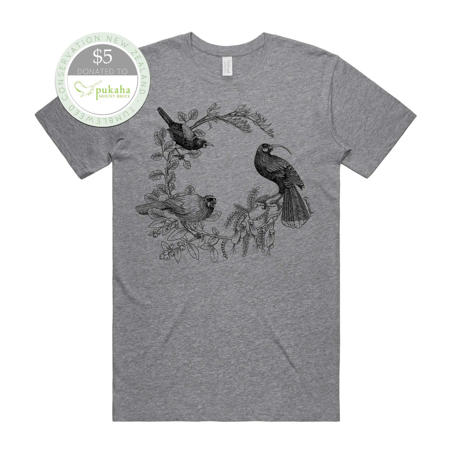 Sage, female t-shirt featuring a screen printed Kōkako huia saddleback/tīeke design.
