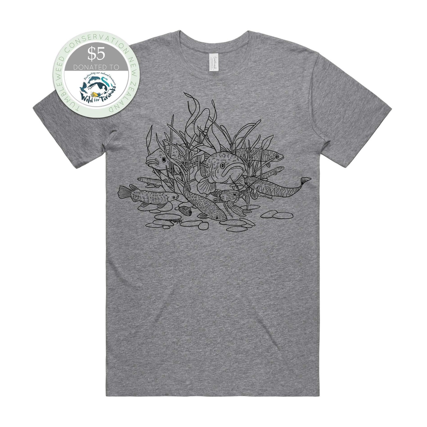 Mustard, female t-shirt featuring a screen printed black Freshwater fish design.