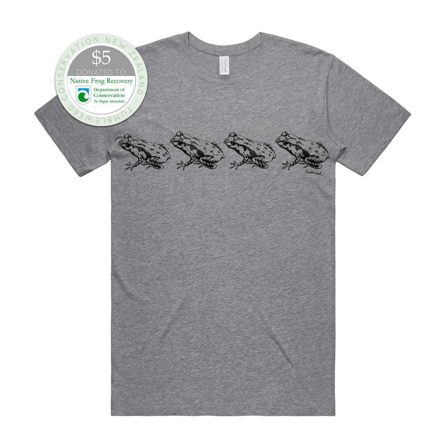 Sage, female t-shirt featuring a screen printed archey's frog design.