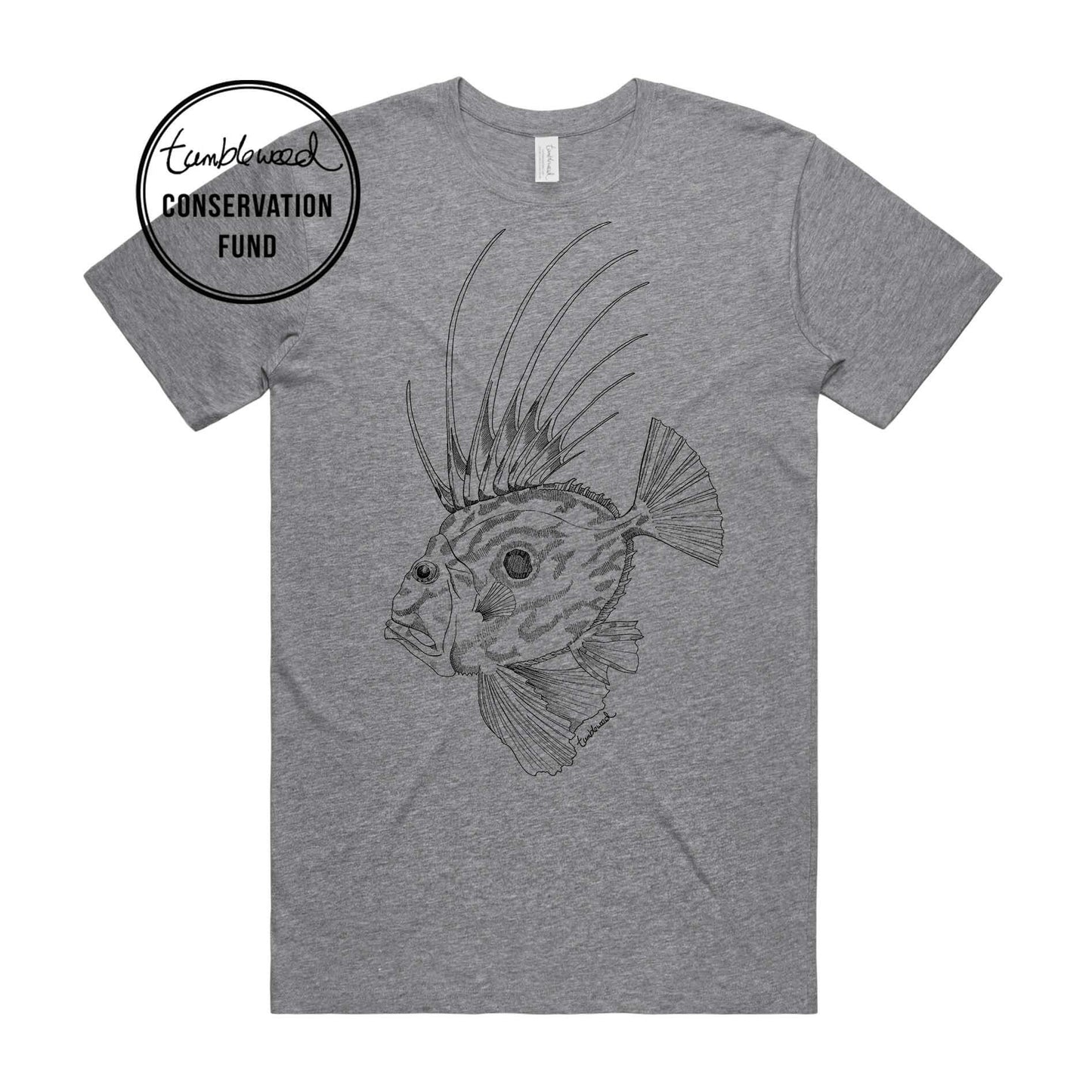 Grey marle, female t-shirt featuring a screen printed john dory design.