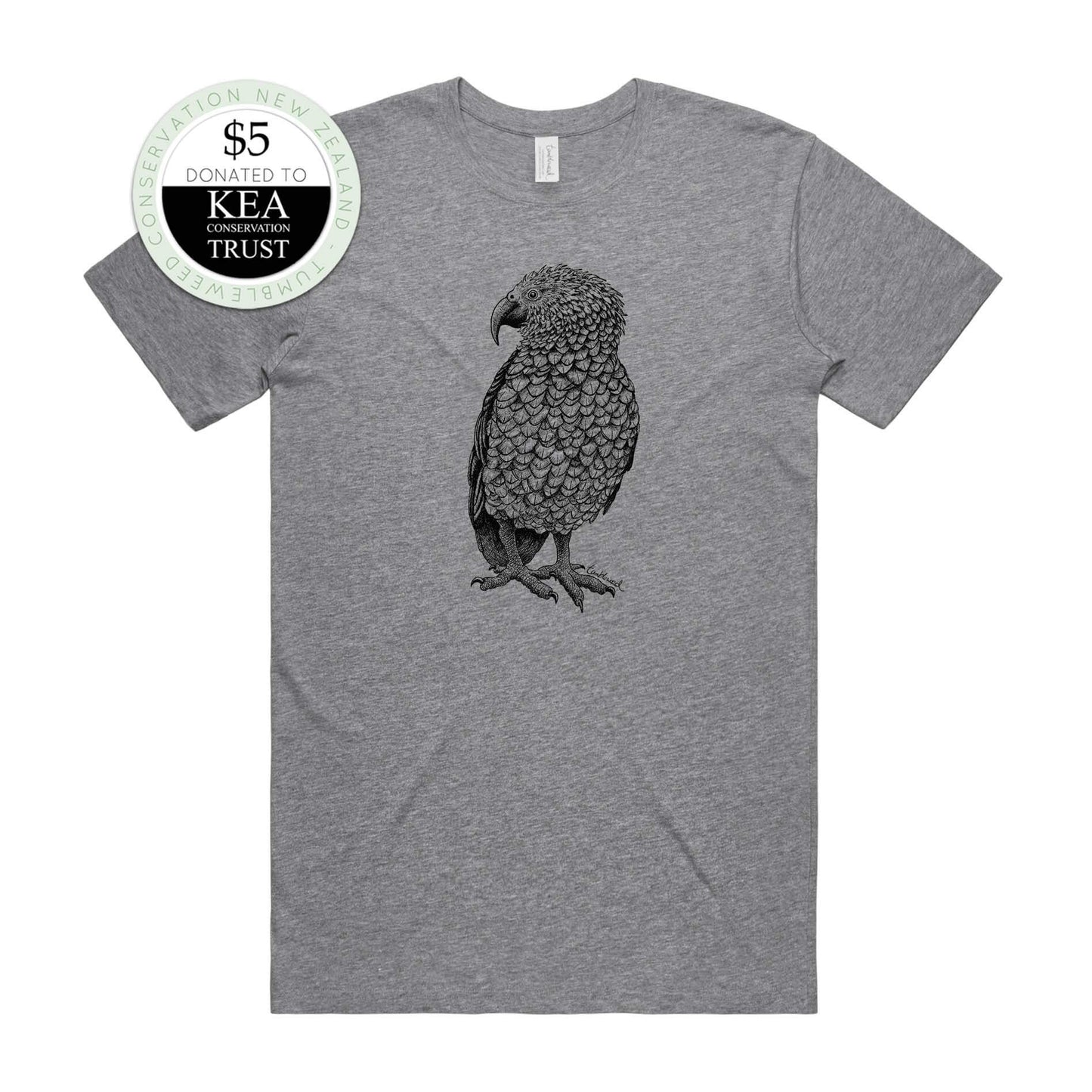 Mustard, female t-shirt featuring a screen printed kea design.