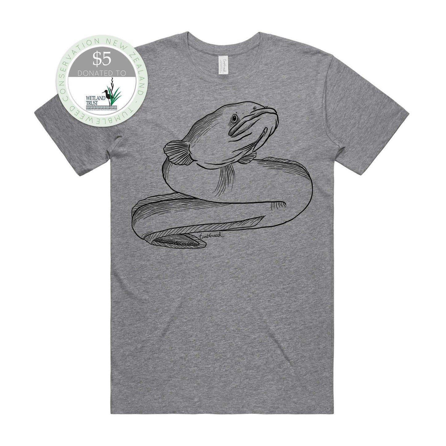 Sage, female t-shirt featuring a screen printed Longfin Eel/Tuna design.