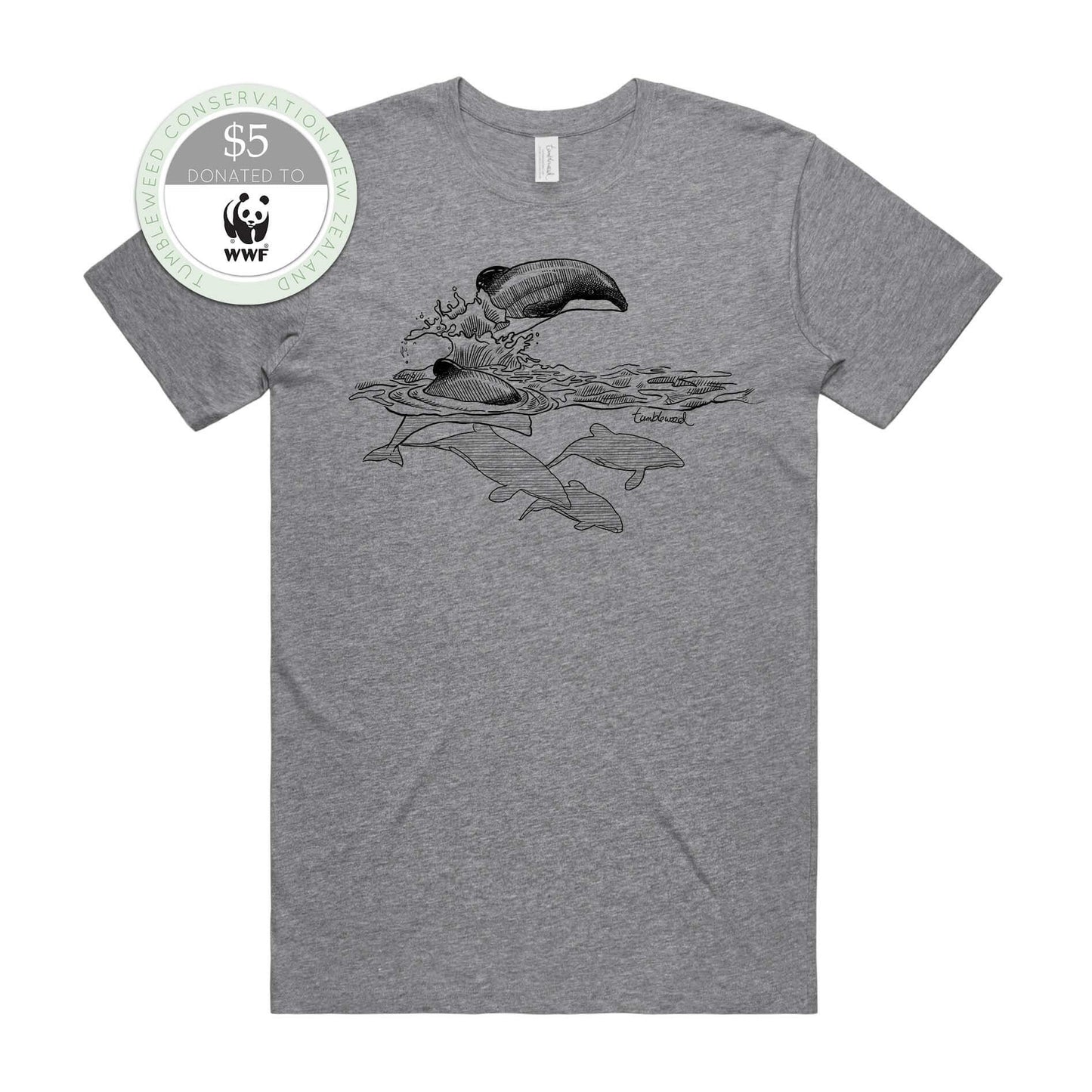 White, female t-shirt featuring a screen printed Māui dolphin design.