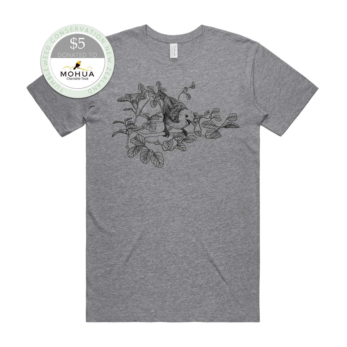 Mustard, female t-shirt featuring a screen printed Mōhua/Yellowhead design.