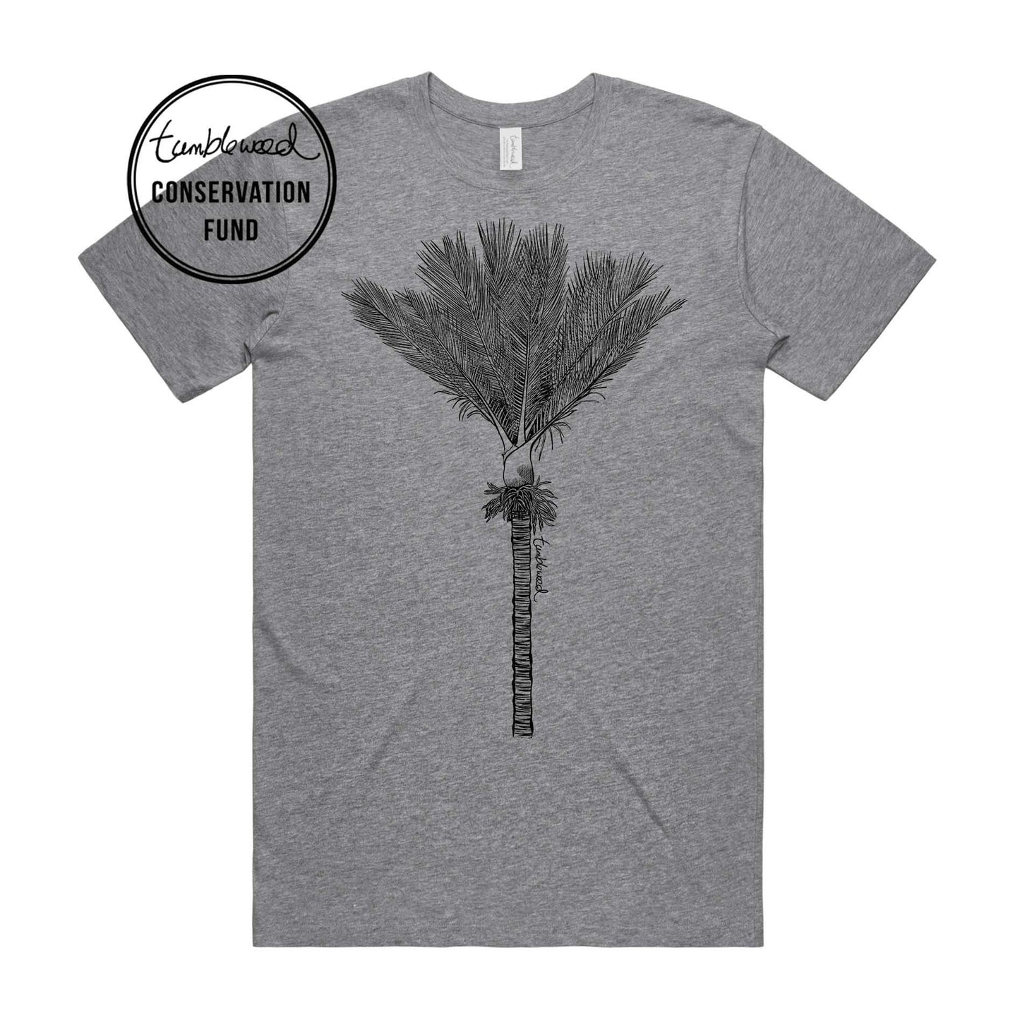 Sage, female t-shirt featuring a screen printed Nīkau design.