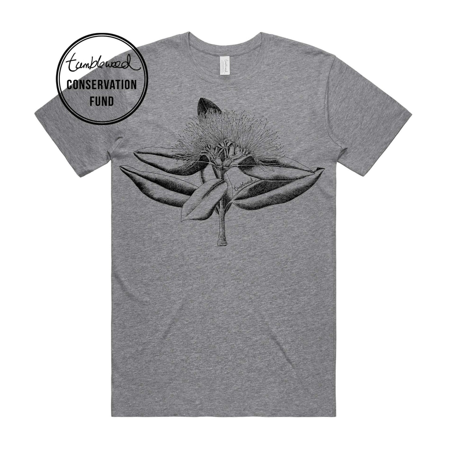 White, female t-shirt featuring a screen printed Pōhutukawa design.