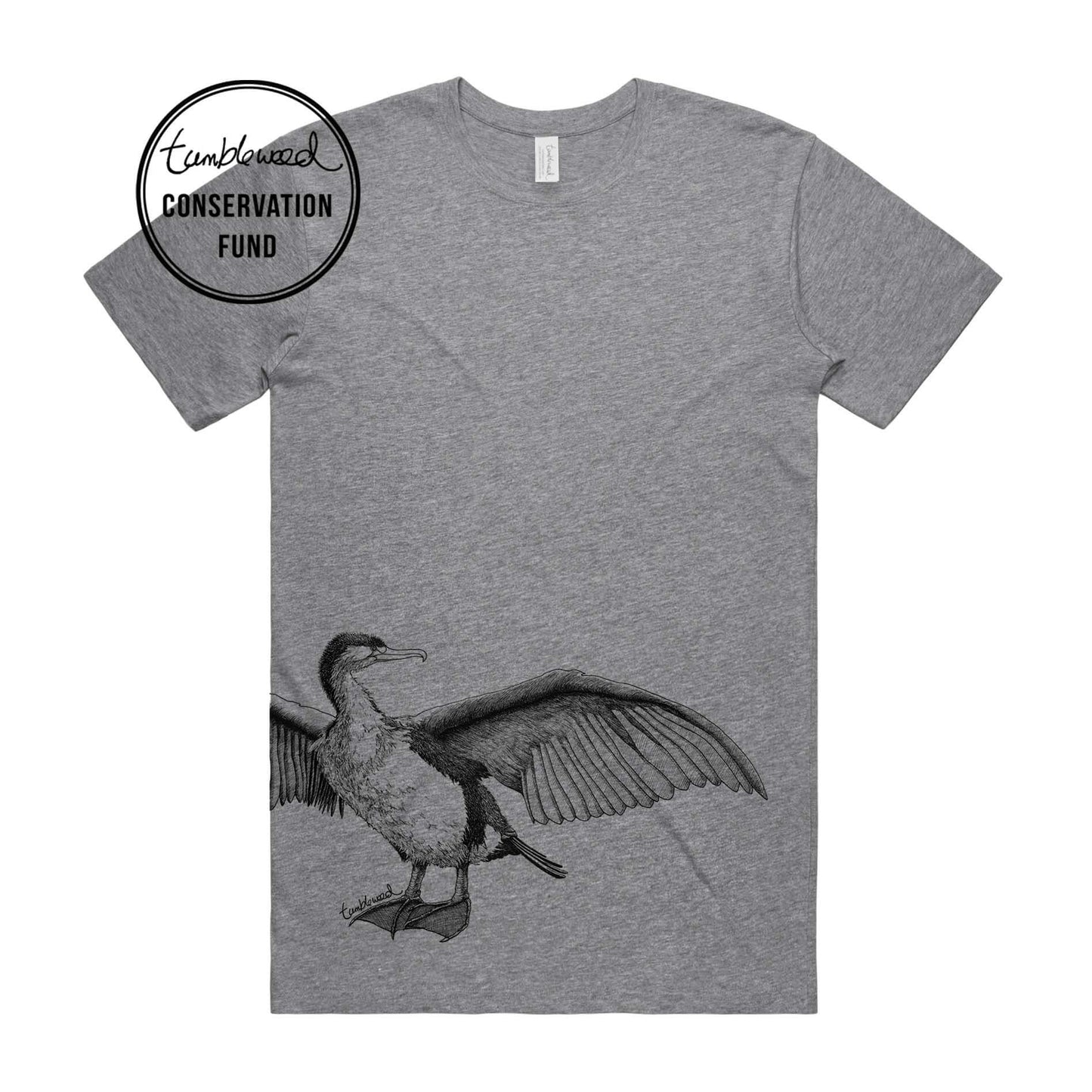 Grey marle, female t-shirt featuring a screen printed Shag design.