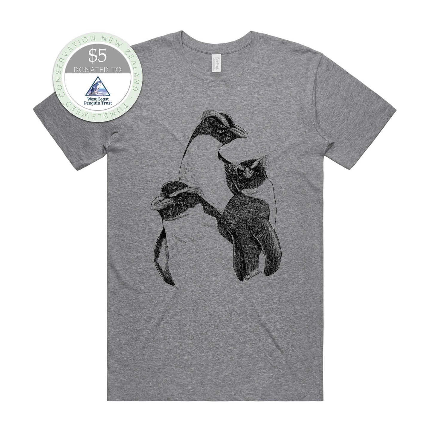 Grey marle, female t-shirt featuring a screen printed Fiordland Crested penguin/tawaki design.