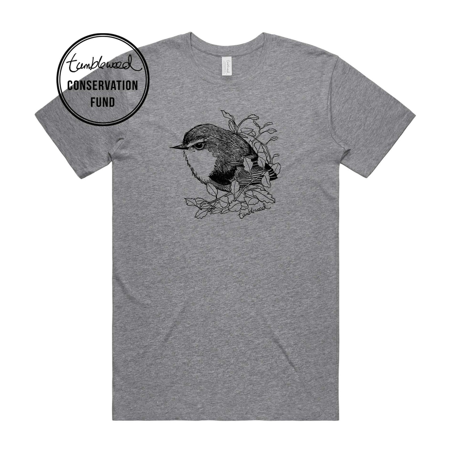 Sage, male t-shirt featuring a screen printed titipounamu/rifleman design.
