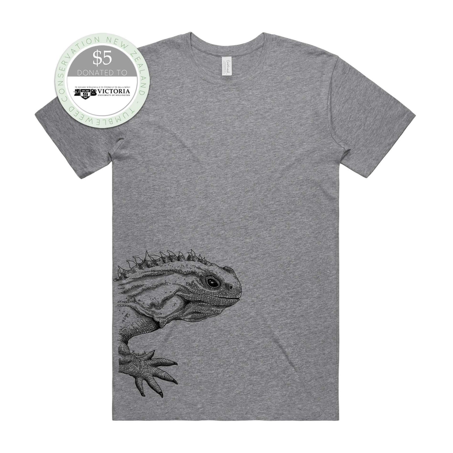 Sage, female t-shirt featuring a screen printed Tuatara design.