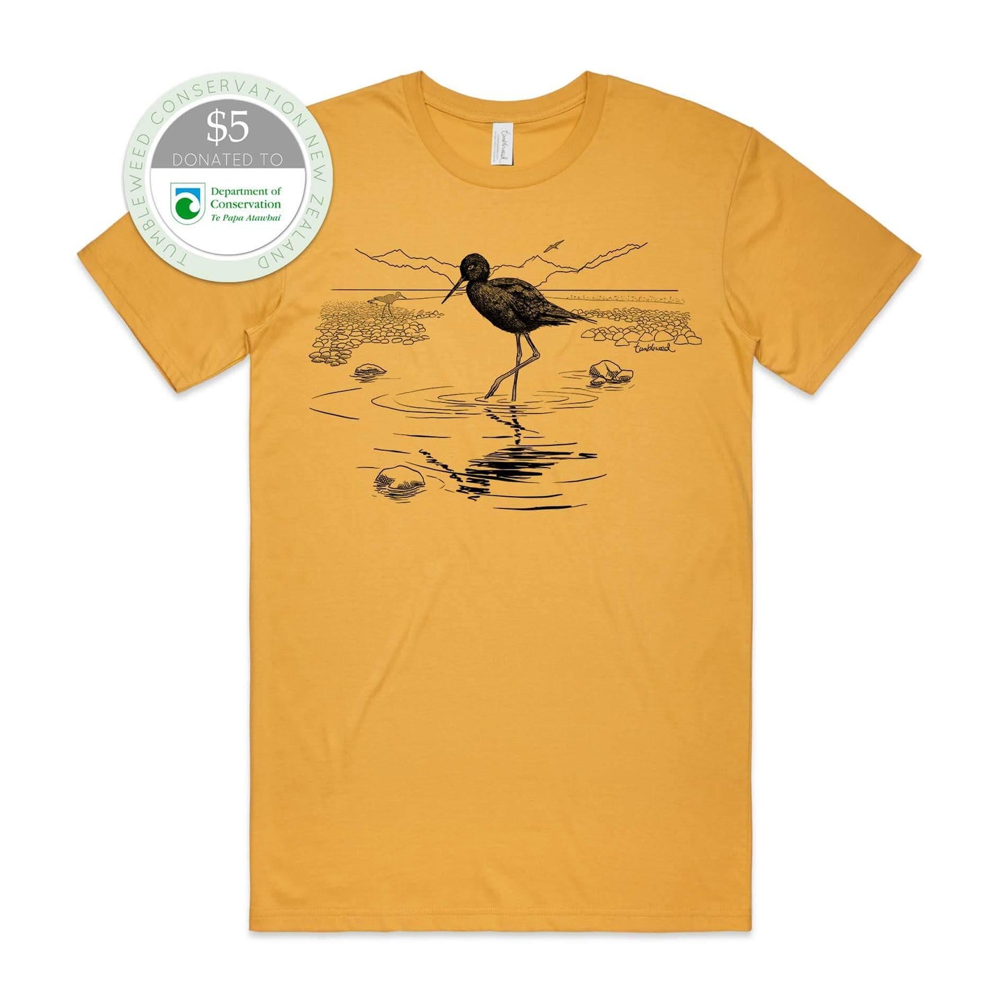 Mustard, female t-shirt featuring a screen printed black stilt/kaki design.
