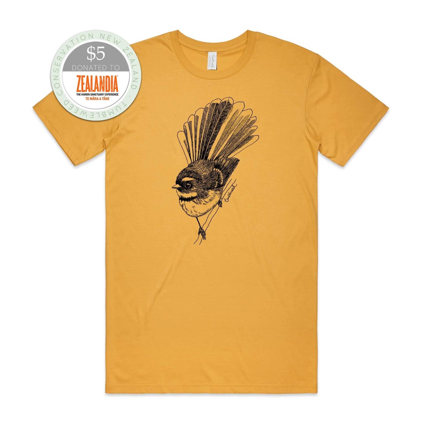 Charcoal, female t-shirt featuring a screen printed Fantail/Pīwakawaka design.