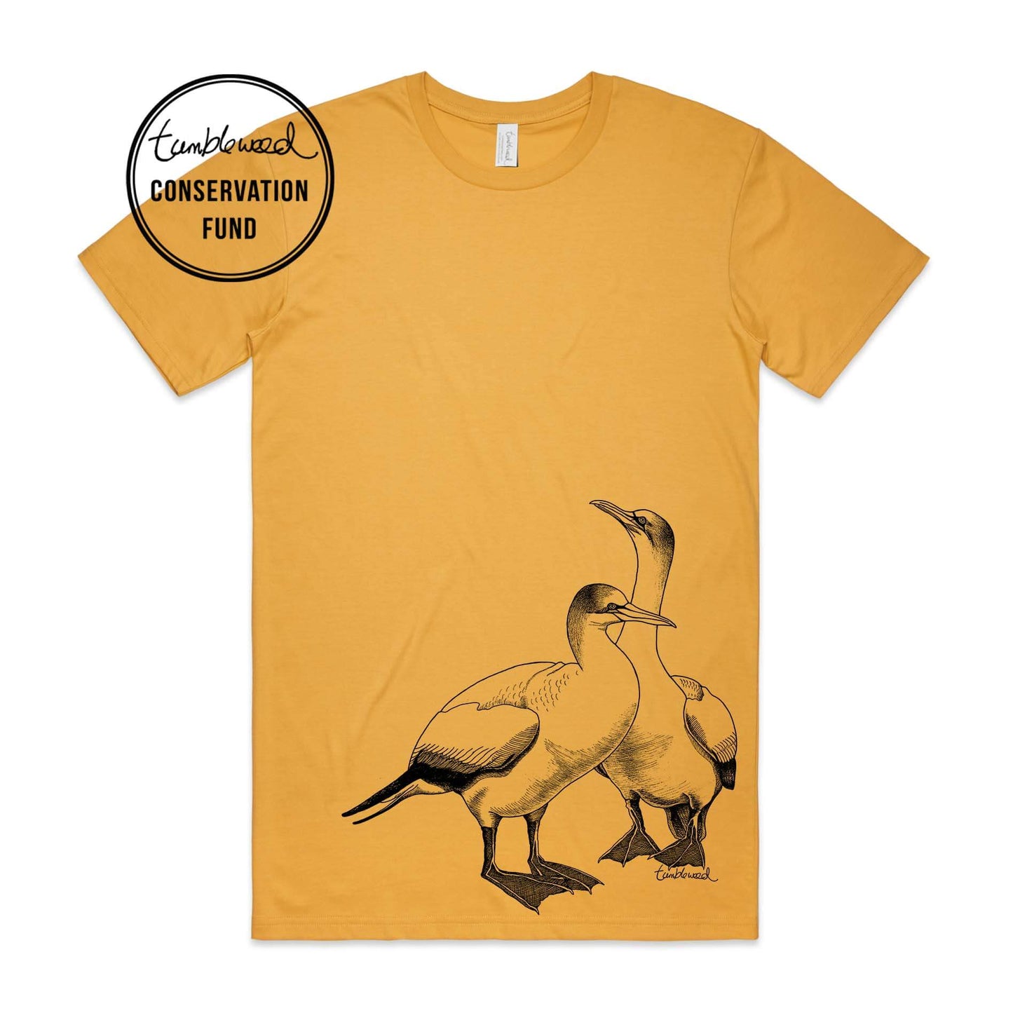 Mustard, female t-shirt featuring a screen printed black gannet design.