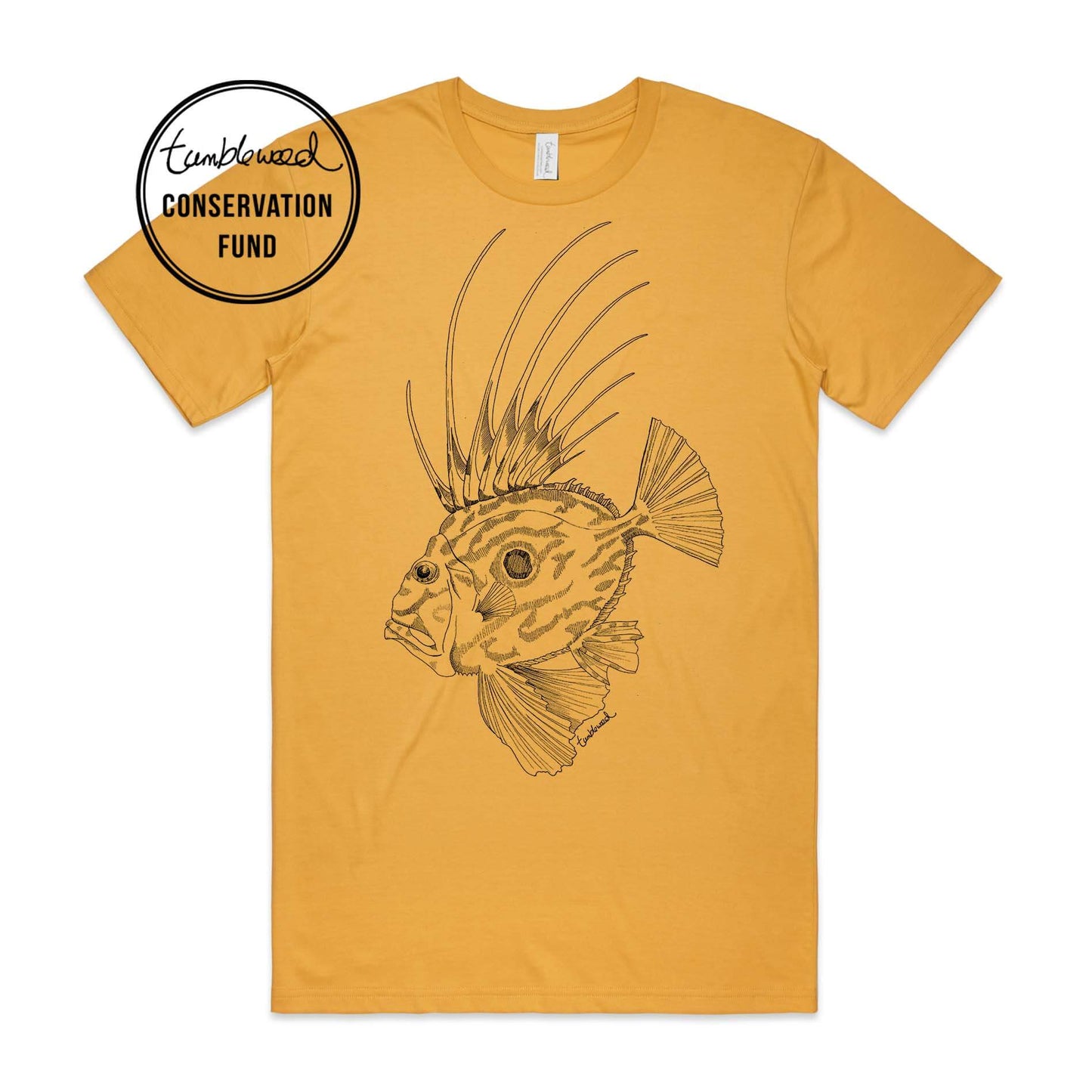Mustard, female t-shirt featuring a screen printed black john dory design.