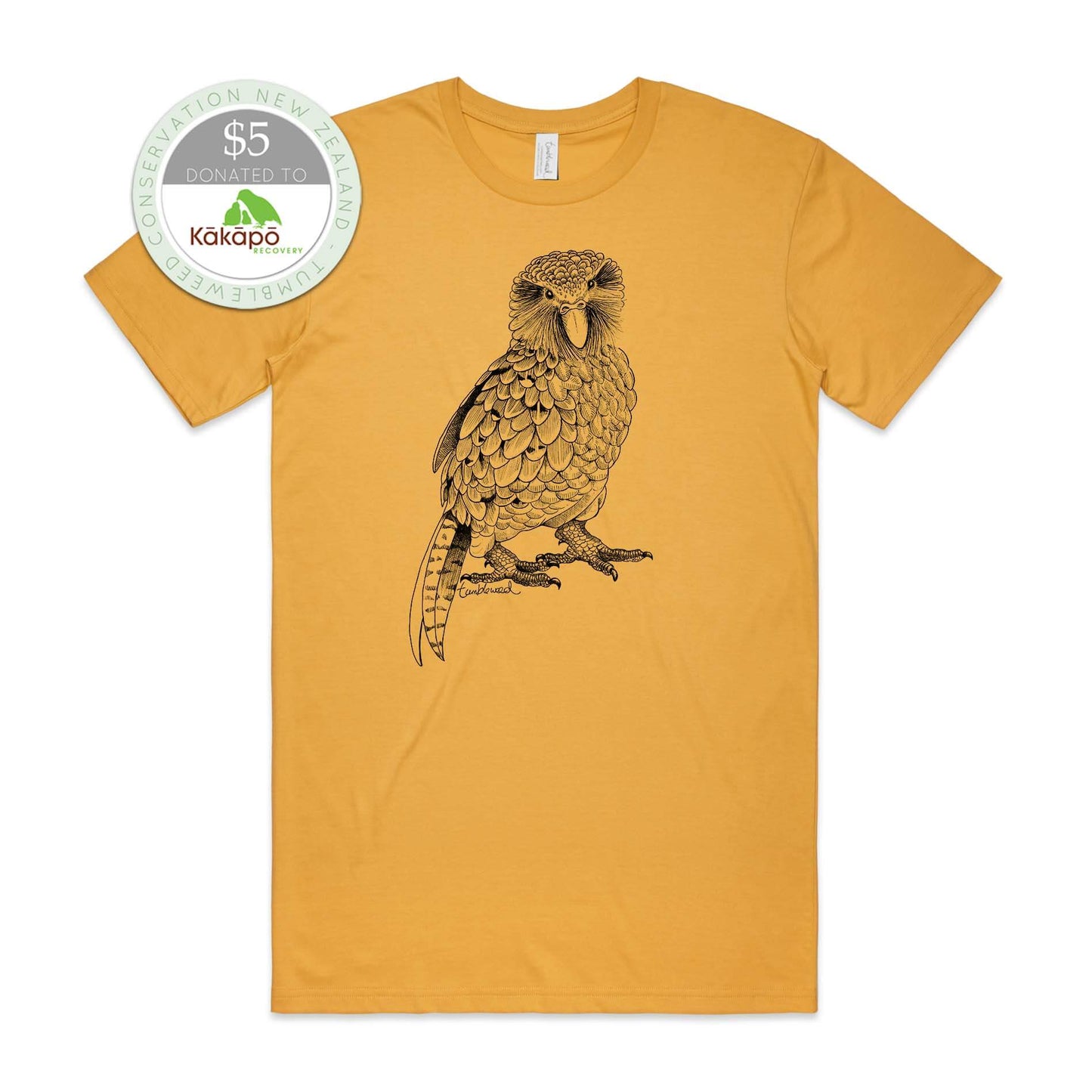 Charcoal, female t-shirt featuring a screen printed Kākāpō design.