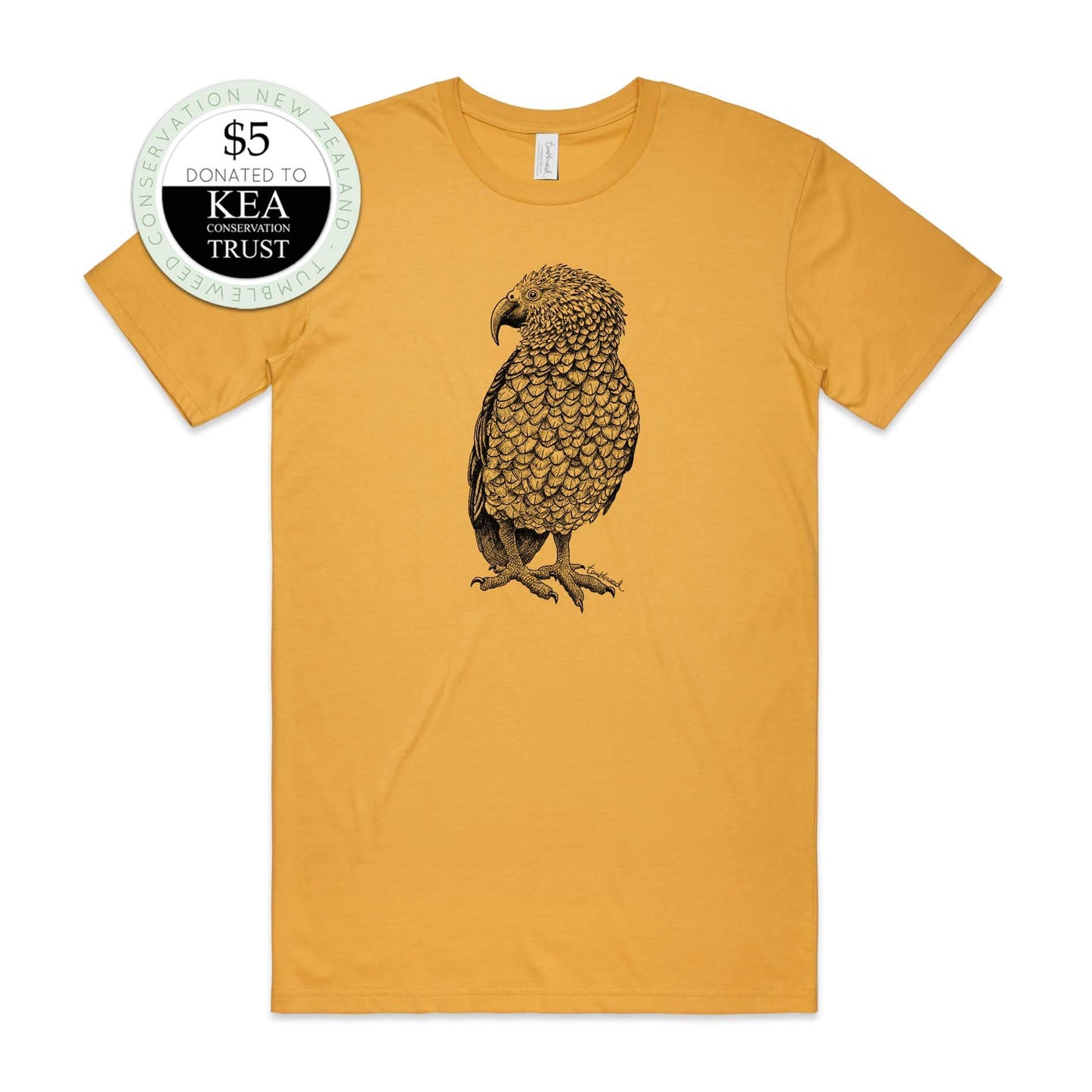 Charcoal, female t-shirt featuring a screen printed kea design.