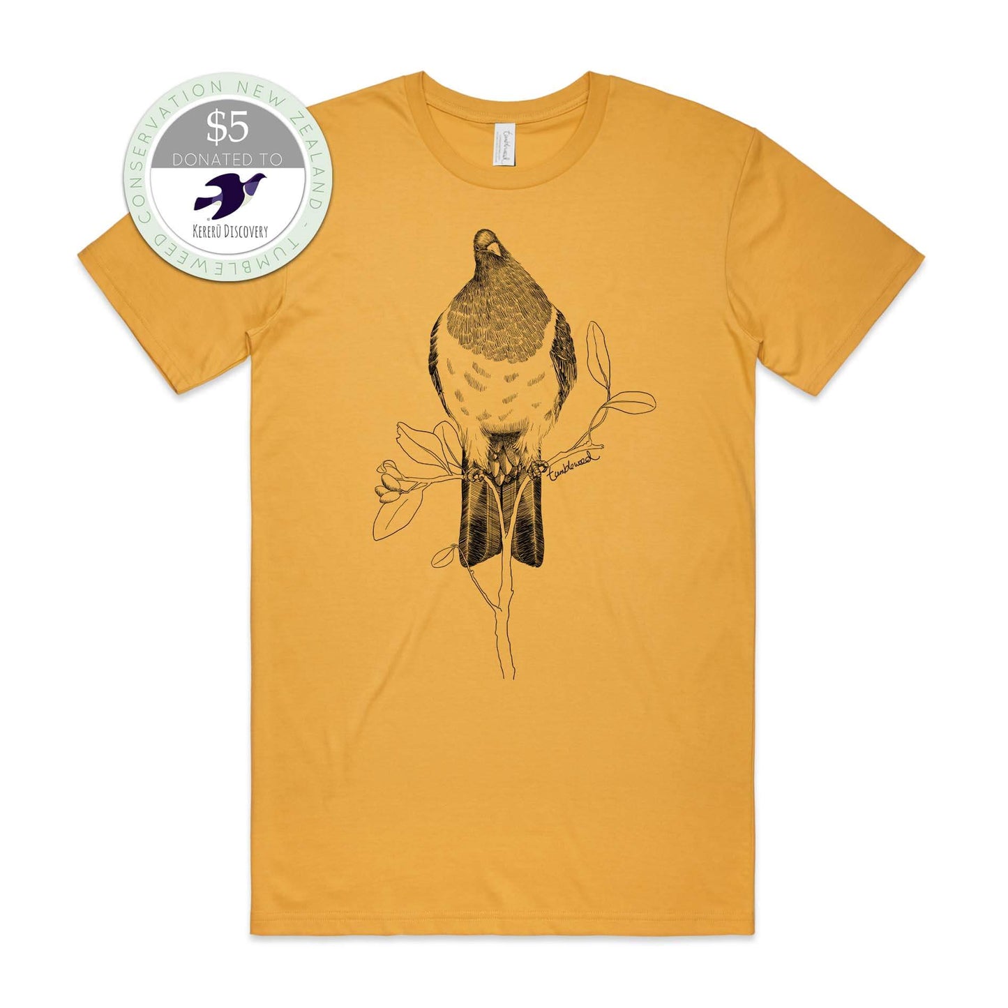 Mustard, female t-shirt featuring a screen printed kereru design.