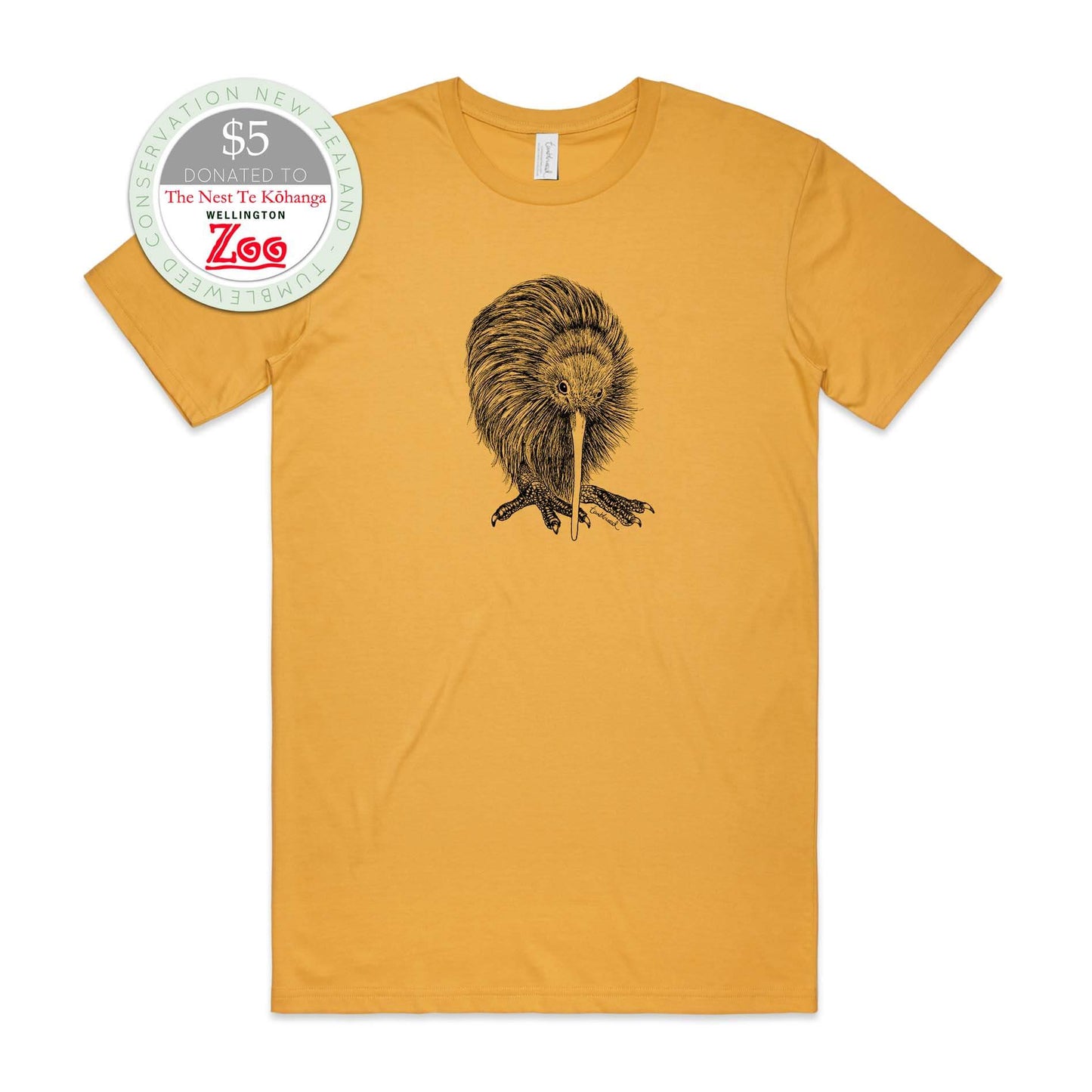 Mustard, female t-shirt featuring a screen printed kiwi design.