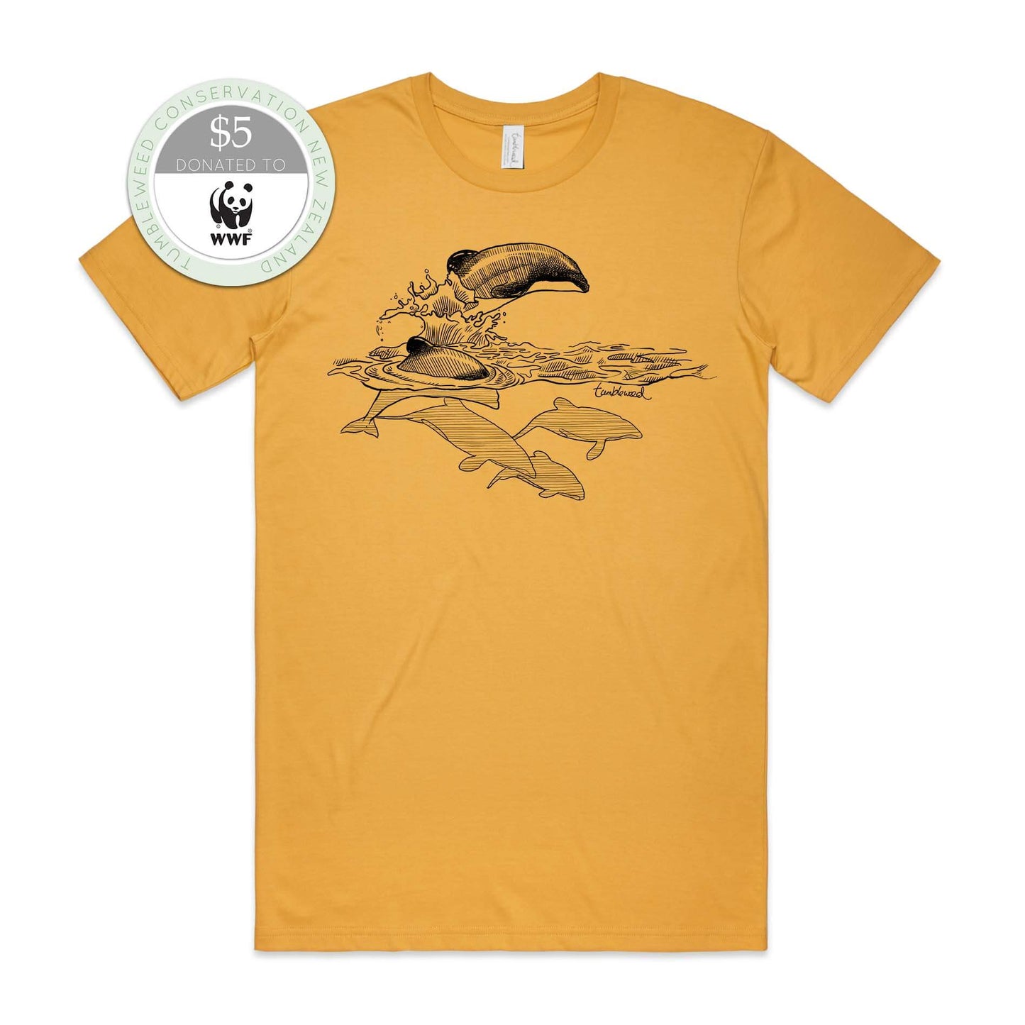 Mustard, female t-shirt featuring a screen printed Māui dolphin design.