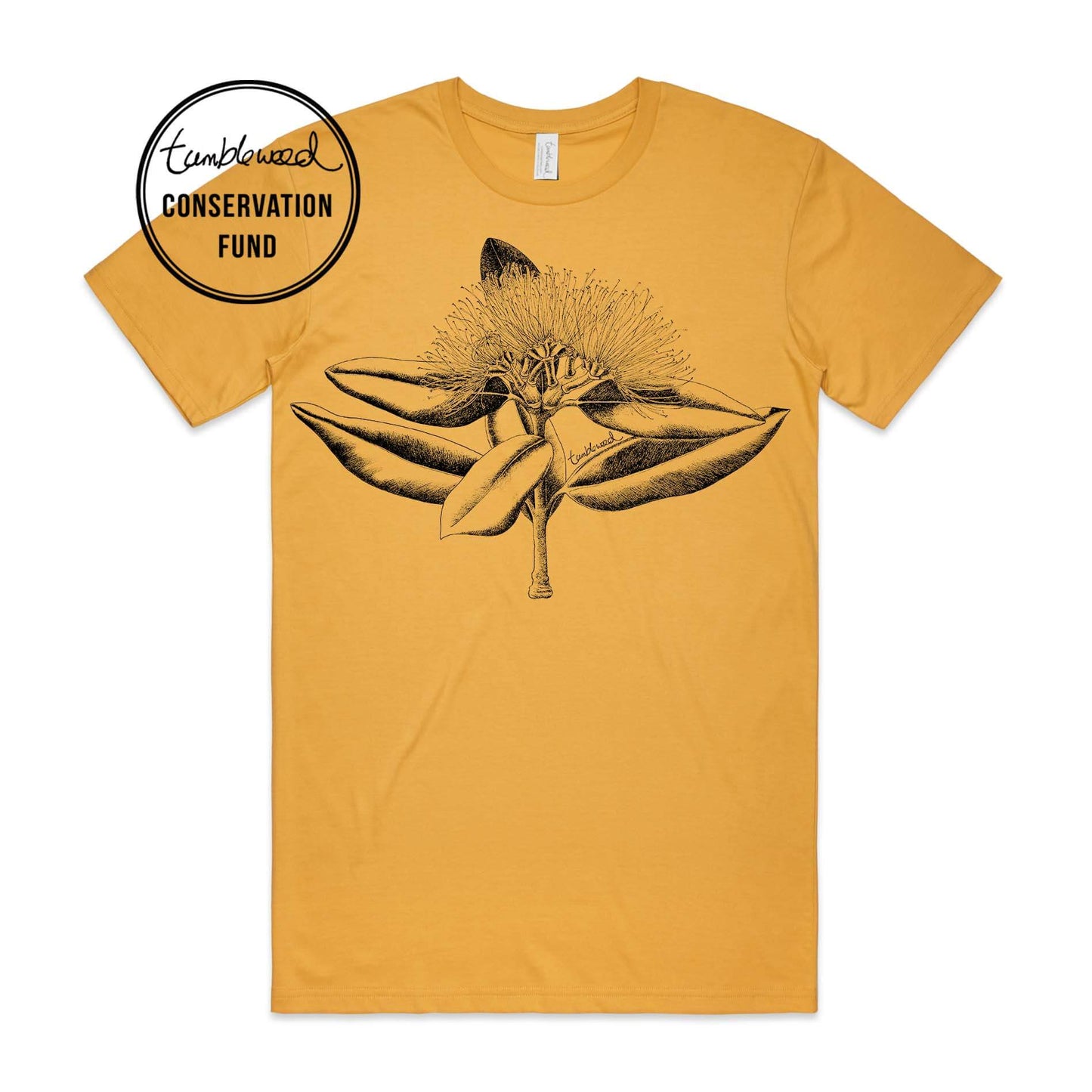 Mustard, female t-shirt featuring a screen printed Pōhutukawa design.